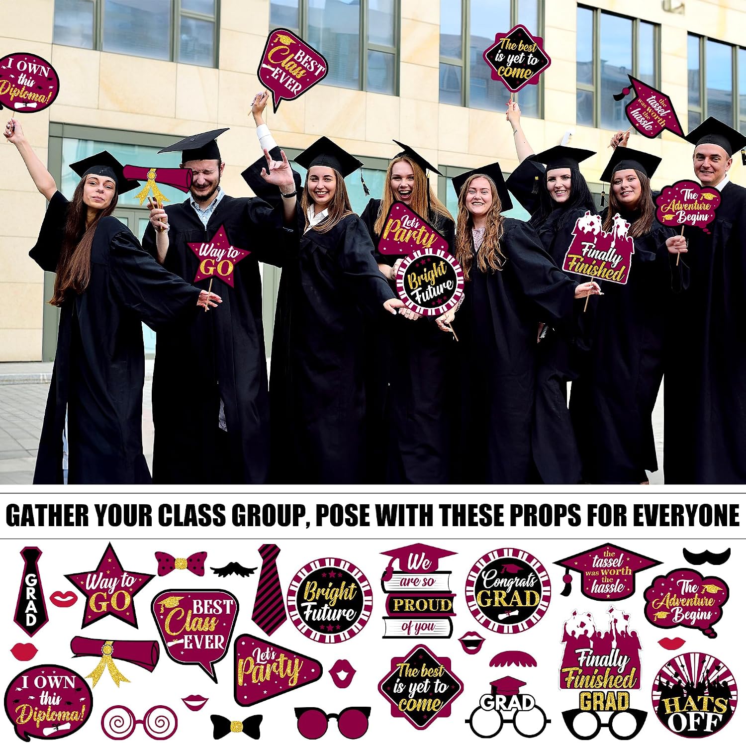 KatchOn, Graduation Photo Props 2026 - Pack of 22 | Maroon and Gold Black Photo Props | Gold and Black Grad Decorations Class of 2026 | Maroon Graduation Decorations 2026