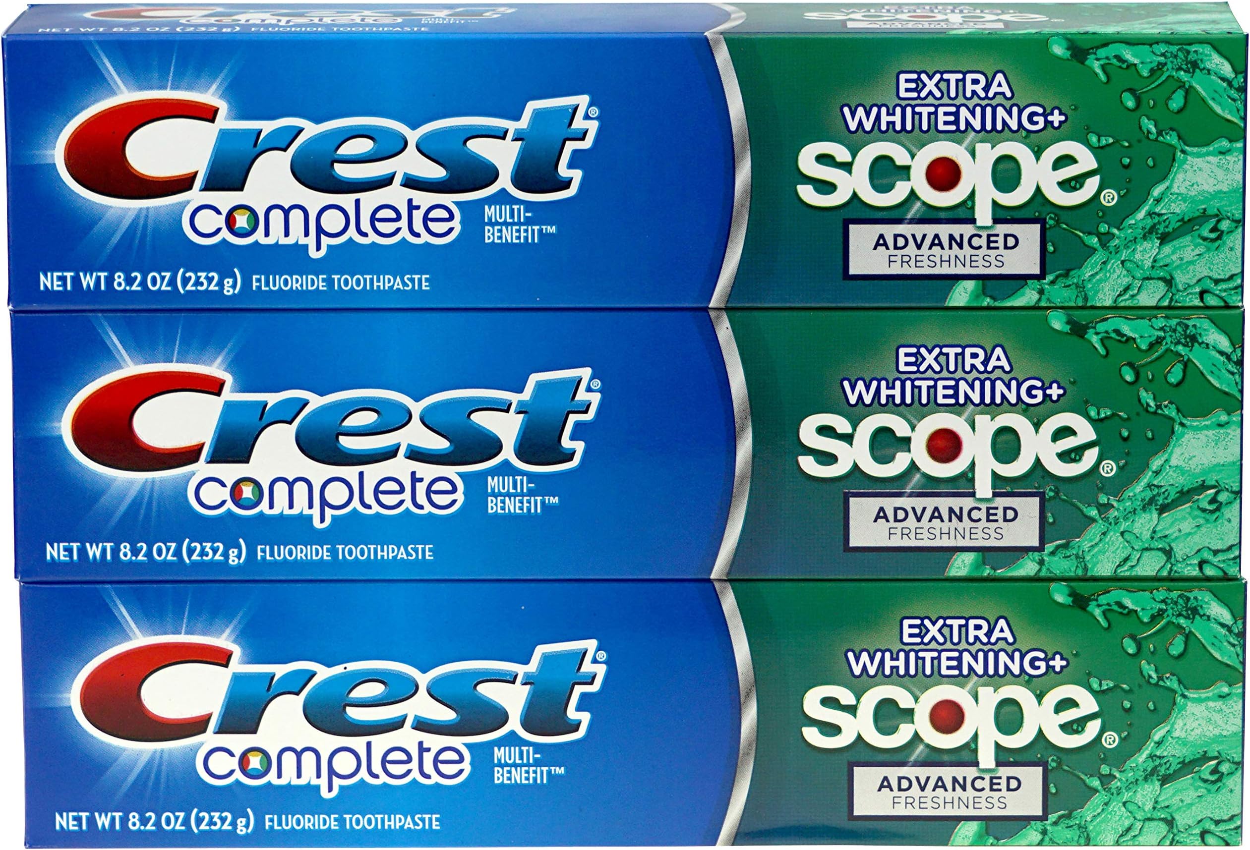 Complete Multi-Benefit Fluoride Toothpaste - Extra Whitening and Scope Advanced Freshness - 8.2 oz each, 3 count