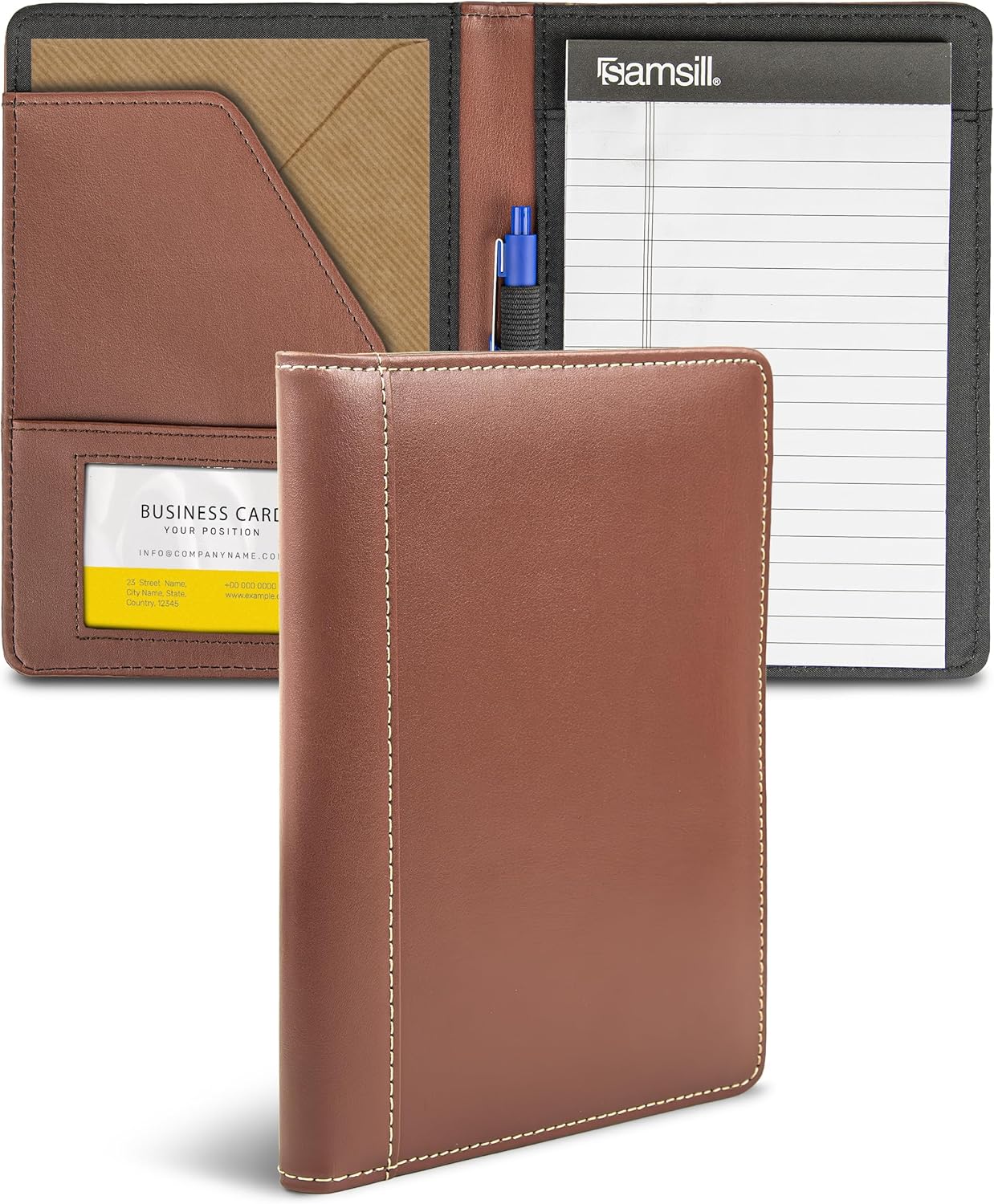Samsill Contrast Stitch Faux-Leather Portfolio, Mini Size Business Interview Professional Padfolio, Includes 5 x 8 Inch Writing Pad, Brown