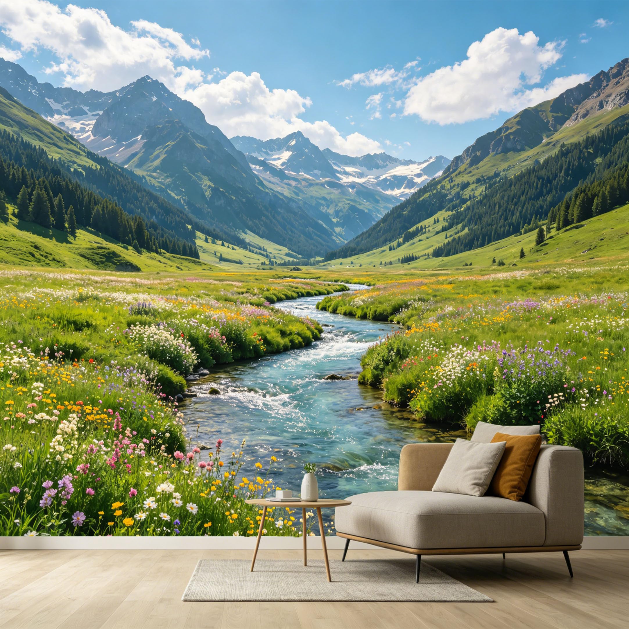 Custom Size Wall Murals Alpine Valley Landscape Mountain Lake Stream Wildflower Field Oil Painting SelfAdhesive Wall Fabric Removable Large Wallpaper for Living Room