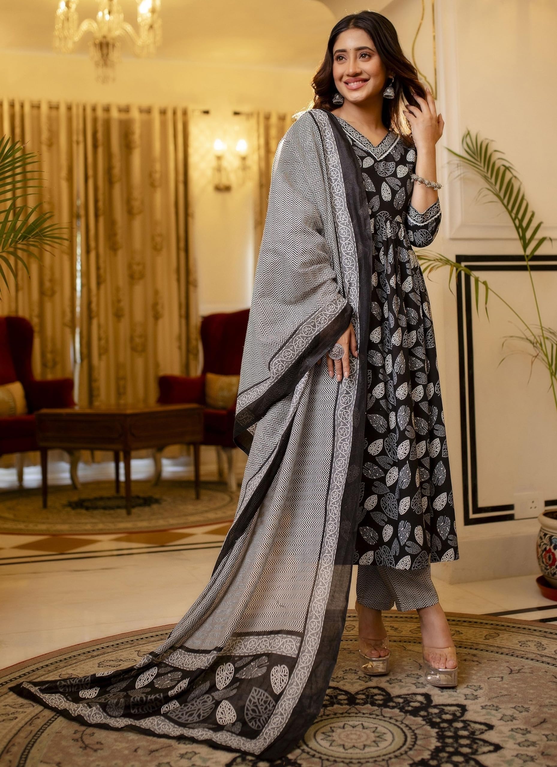 Lookmark Women's Printed Cotton Blend Lace A-Line Kurta Pant Dupatta Set - Ethnic Elegance For Every Occasion Experience Comfort And Style With This Stunning Ensemble (Az-Lm-Og-Ks2122-Xxl) Black