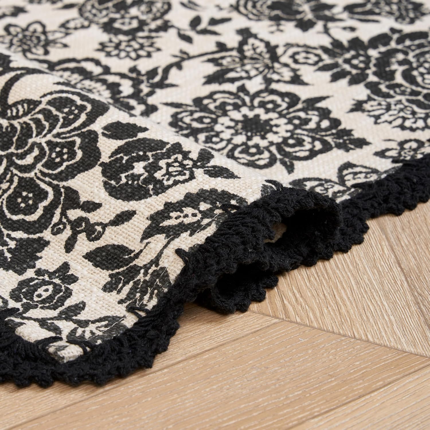 Laura Ashley Cotton Crochet Border Trailing Laurissa Charcoal Floral Machine Washable & Slip Resistant 1'8" x 5' Runner Rug