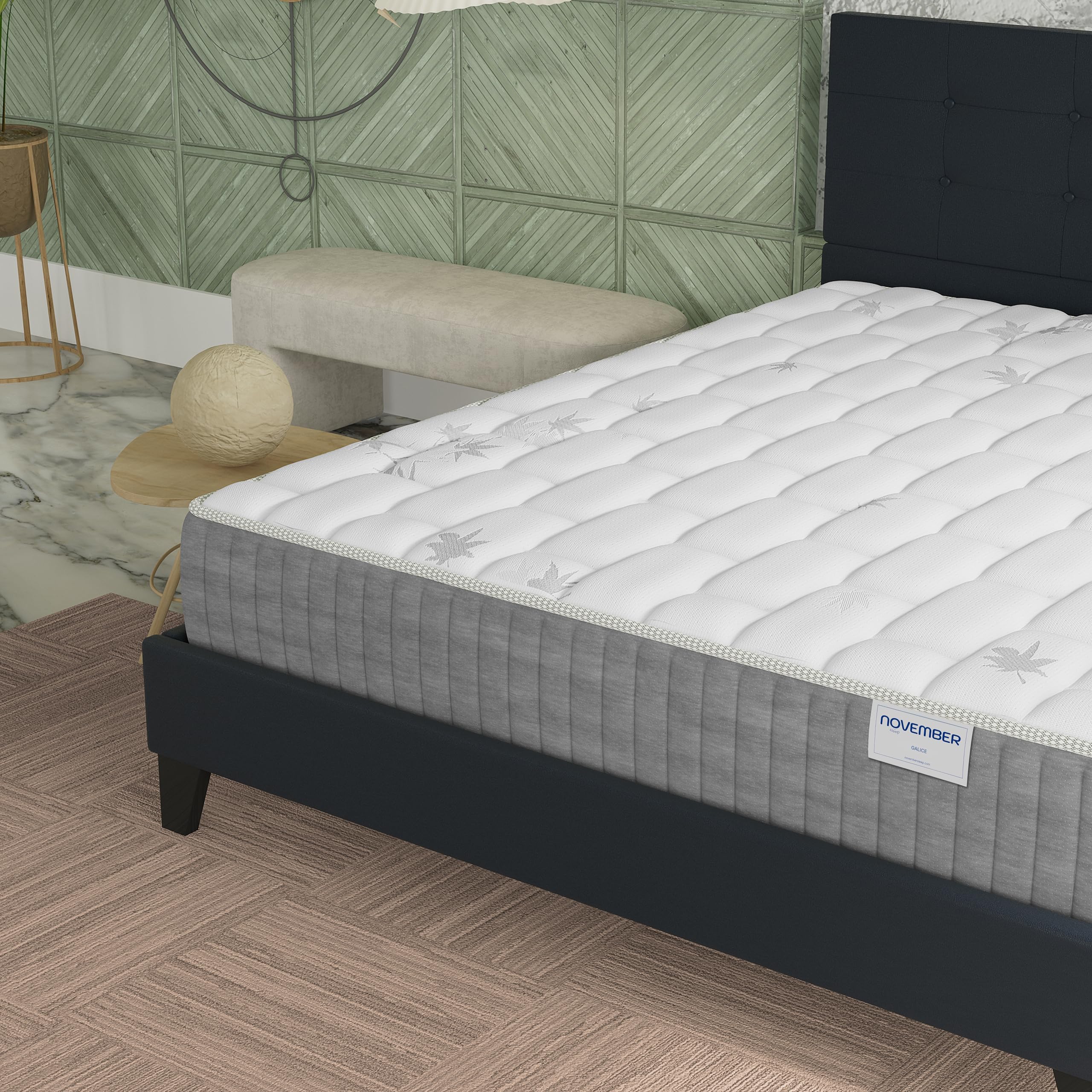 NOVEMBER- Ensemble Matelas + LIT (140x200cm)- Matelas Galice 25cm Ressorts ensachés & Mémoire de Forme+ Sommier tête de lit Bois Stable & Robuste revêtement synthétique Noir