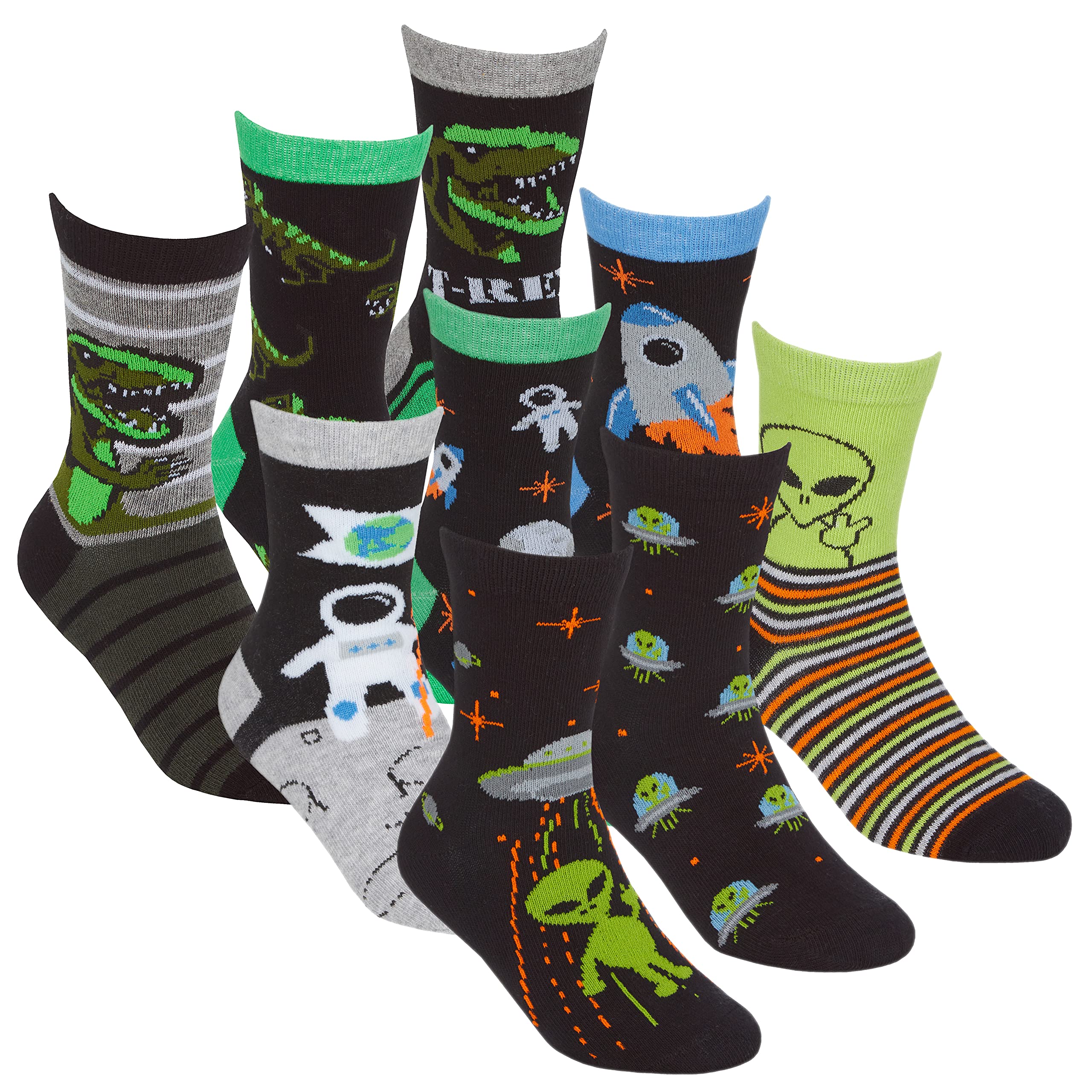Metzuyan 9 Pairs Boys Novelty Cotton Rich Socks Dinosaurs Space Stars Monster Skulls New