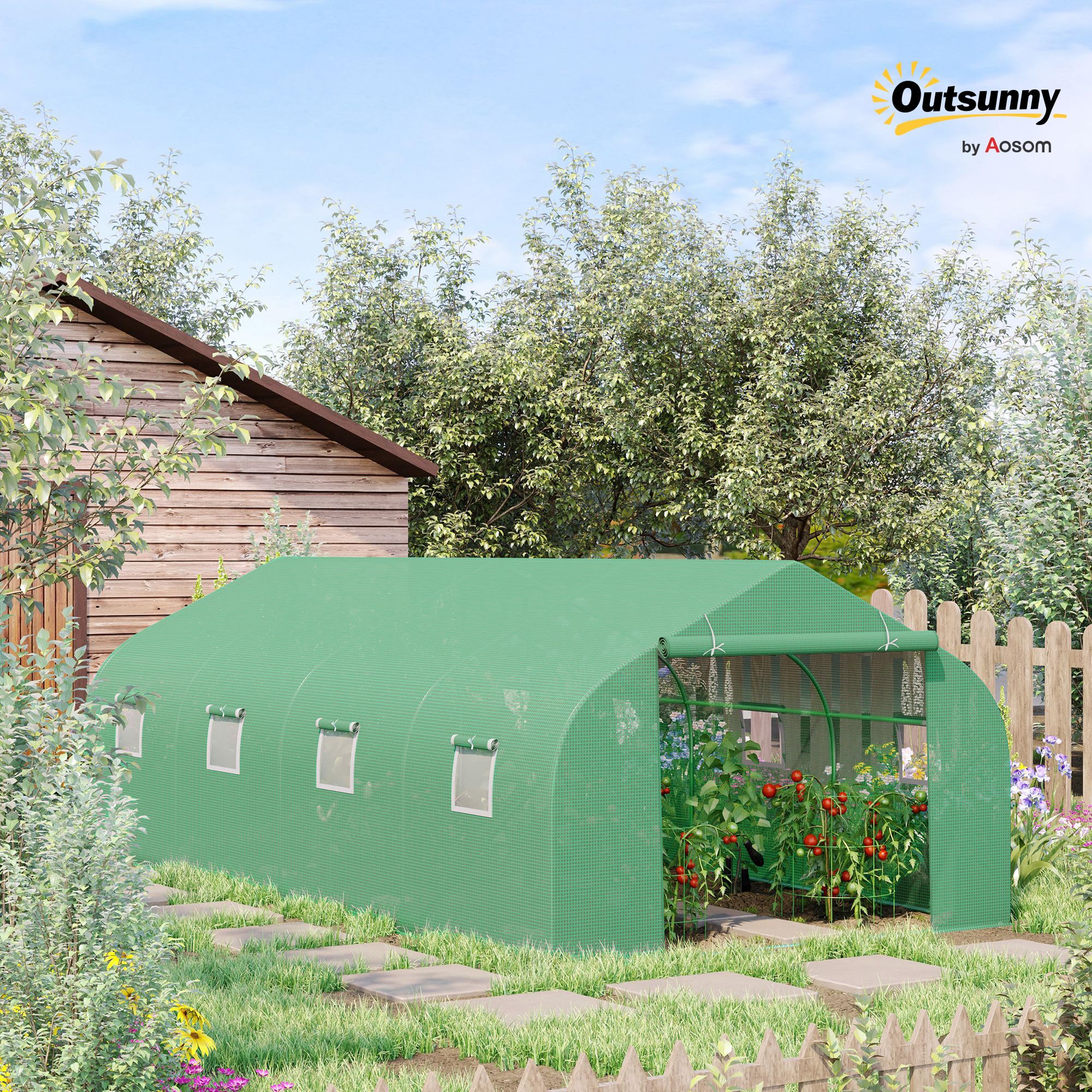 Outsunny Invernadero de Jardín 6x3x2 m Tipo Túnel para Cultivo Plantas Verduras con 8 Ventanas Transpirables y Puerta Enrollable con Cremallera Acero Verde