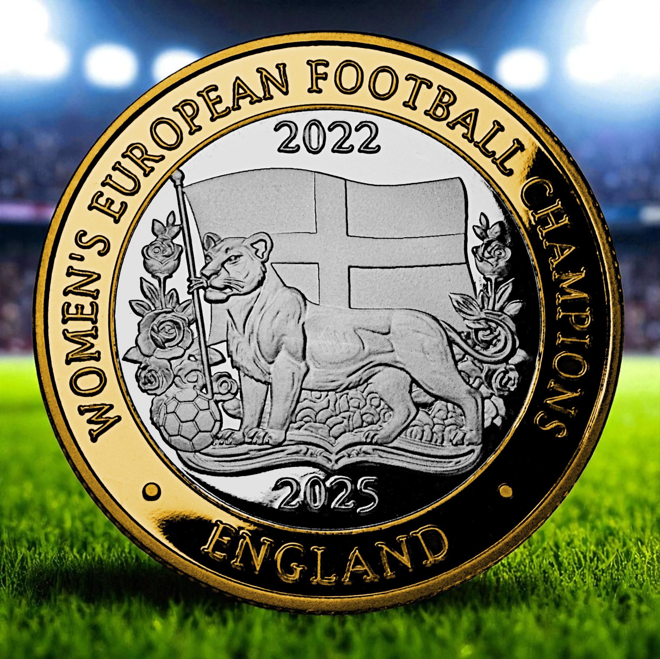 The Commemorative Coin Company Women's Silver & Gold England Football Silver & 24Ct Gold Dual Metal Commemorative. European Champions 2022 2025. Lioness/Lionesses