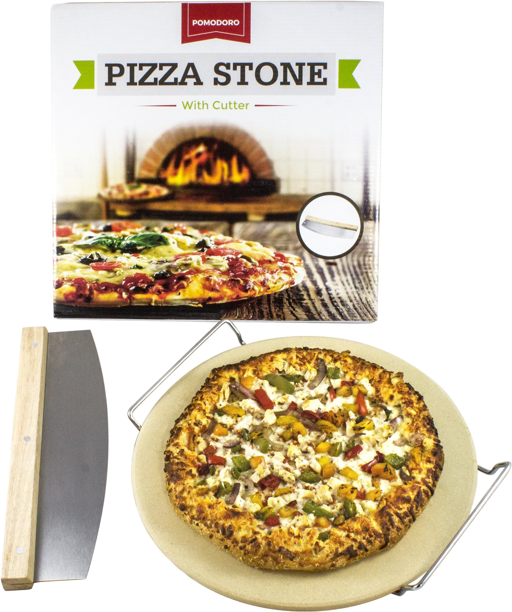 Cordierite Pizza Stone Cooking Kit with Pizza Cutter - 15" Pizza Stone, Cutter and Cooling Metal Rack, Made for Oven and Barbeque Grill