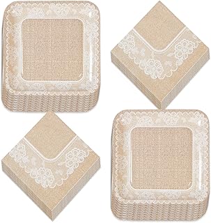 Wedding Party and Bridal Shower Rustic Burlap and Lace Paper Dinner Plates and Luncheon Napkins (Serves 16)