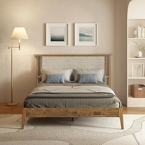 Miniatura 9 de NTC Marco de Cama de Madera Ruby con Cabecero y Ratán Natural, Base de Madera Sólida de Roble/Caucho con Listones Silenciosos, Capacidad de 1000