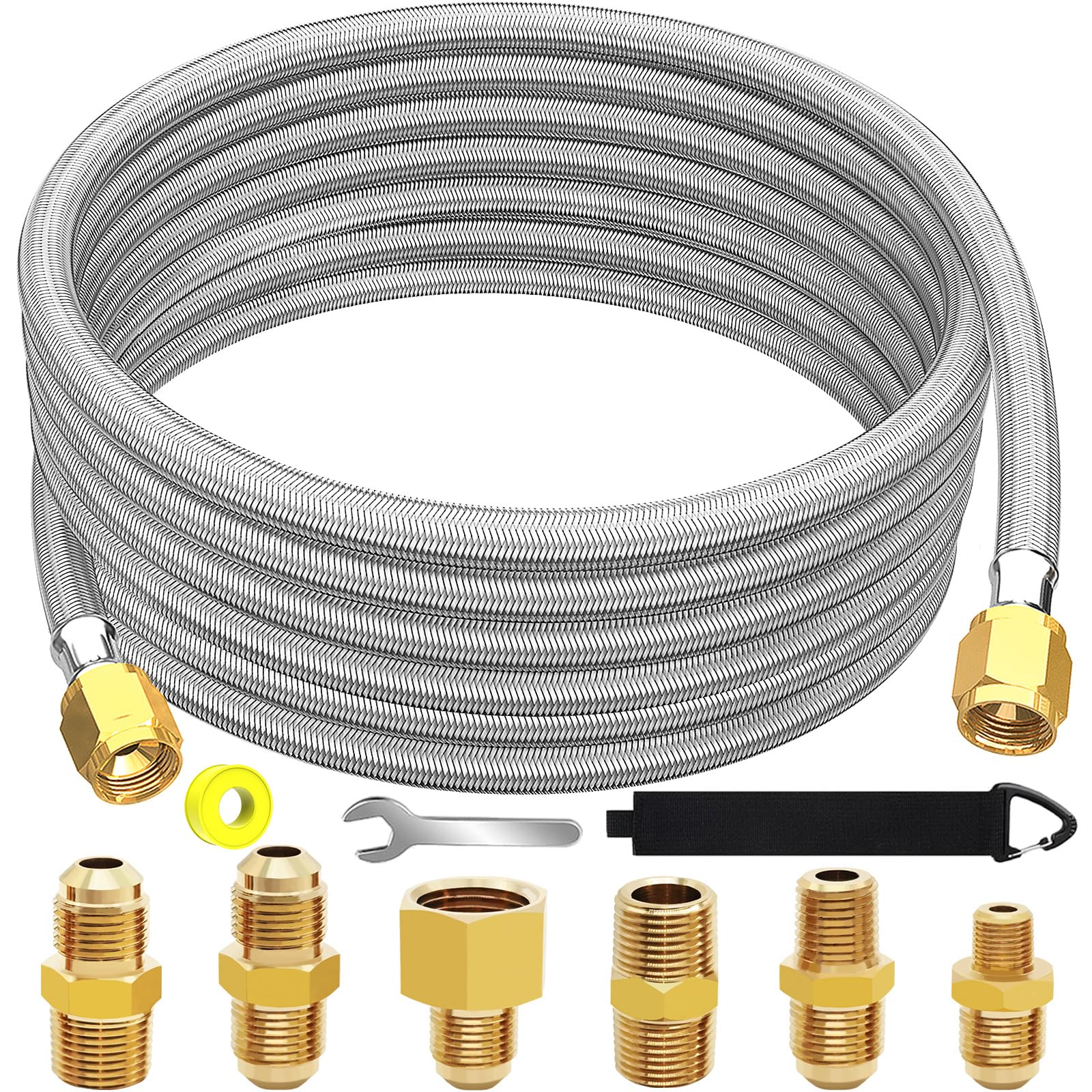Extensión de manguera de propano trenzada de alta presión de 20 pies con acoplamiento de conversión de 3/8 pulgadas a hembra de 1/2 pulgada, NPT macho de 1/4 pulgadas, NPT macho de 1/8 pulgadas, macho
