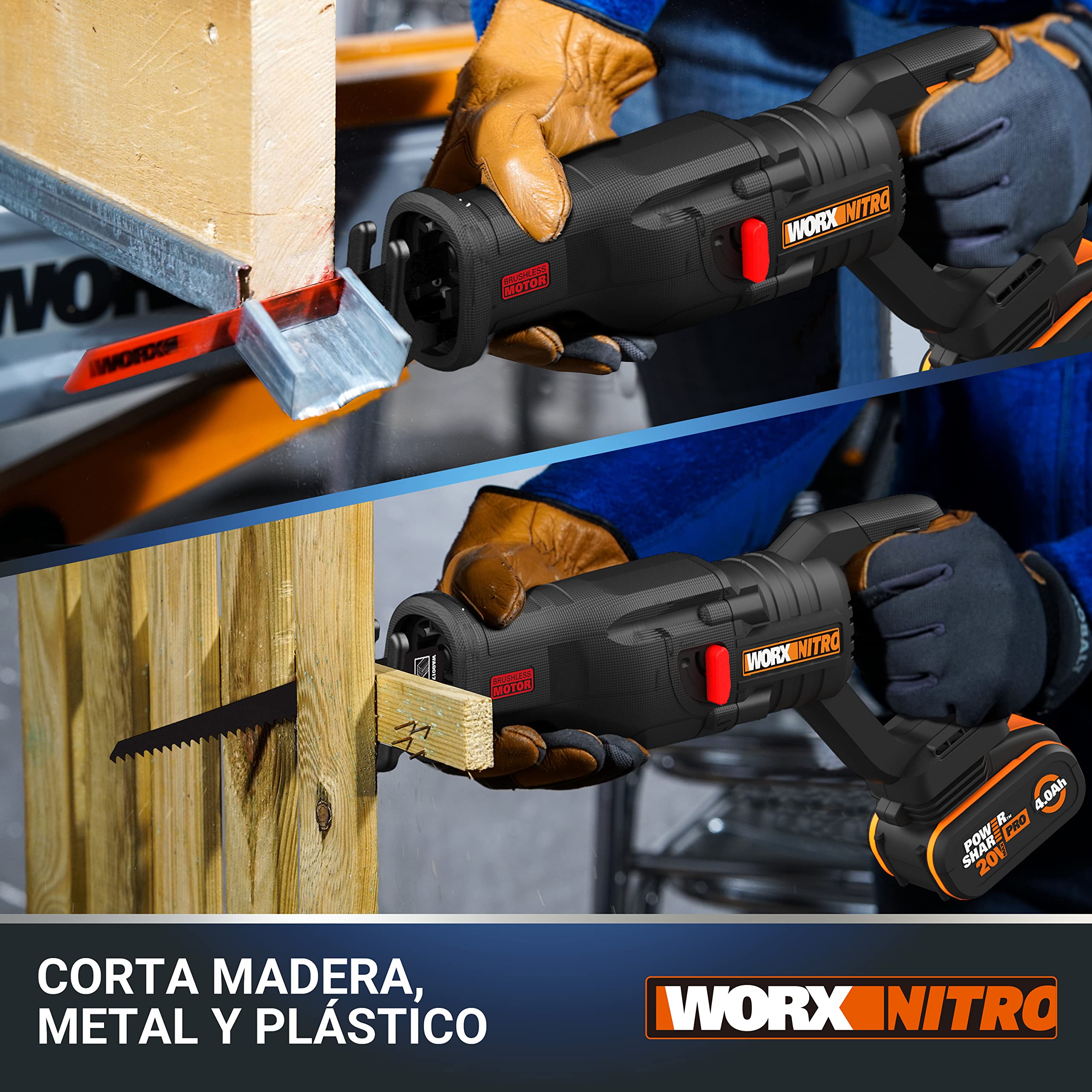 WORX WX516.9 Nitro akumulatorowa piła szablasta 20 V – mocny silnik bezszczotkowy – szybka wymiana brzeszczotu – zmienna prędkość cięcia – światło LED – w zestawie brzeszczot do drewna i metalu – bez