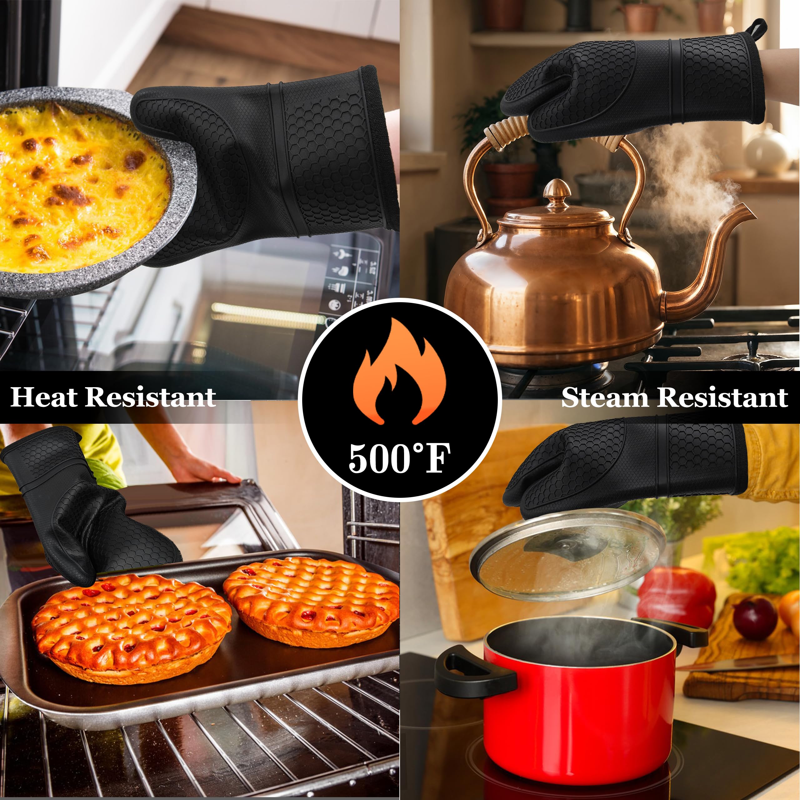 Oven Mitts,Anti-Slip Silicone Oven Gloves,Heat Resistant Gloves,Withstand 500 ℉,Black Double Oven Gloves for Kitchen Cooking,Dessert Making,BBQ - Image 2