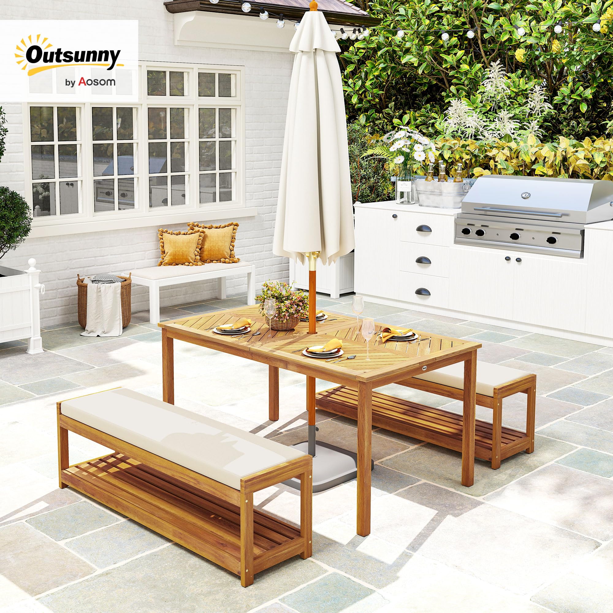 Outsunny 3 TLG. Gartenmöbel-Set Akazienholz Sitzgarnitur inkl. 1 Esstisch mit Schirmloch, 2 Bänke, Balkonmöbel-Set, Gartengarnitur für Balkon, Terrasse, Teak