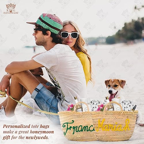 Miniatura 8 de KING OF HANDMADE Bolsa de paja tejida hecha a mano, bolsa de regalo de cumpleaños para ella, regalos con monograma para mujeres, bolsa de regalo