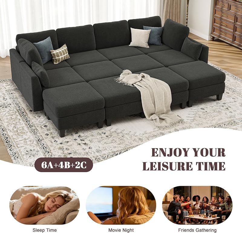 Sectional Sleeper Sofa, 6 Seaters Modular Sleeper Sofa Couch, Dark Grey image 5