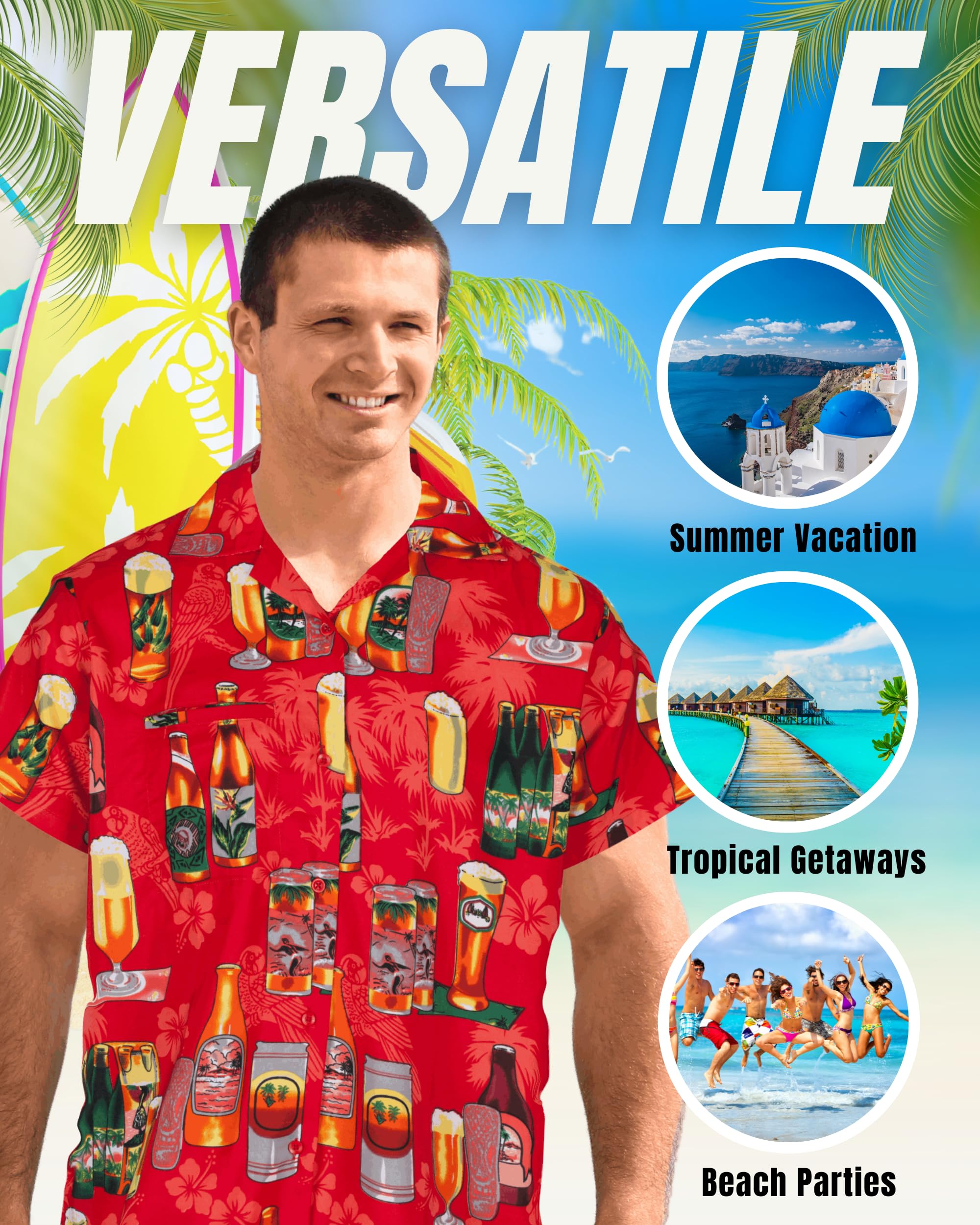 REDSTAR Men’s Hawaiian Shirt Short Sleeve Button-Down Funny Beer Print Casual Party Shirt for Summer, Lightweight Comfortable Fit, Ideal for Holidays, Beach Wear and Festivals