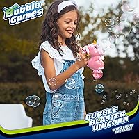 Vista 4 de Pistola de burbujas con acción iluminada, solución de recarga de burbujas y estilo unicornio rosa, soplador de burbujas para recuerdos de fiesta
