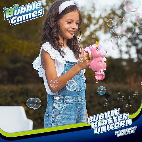 Miniatura 4 de Pistola de burbujas con acción iluminada, solución de recarga de burbujas y estilo unicornio rosa, soplador de burbujas para recuerdos de fiesta