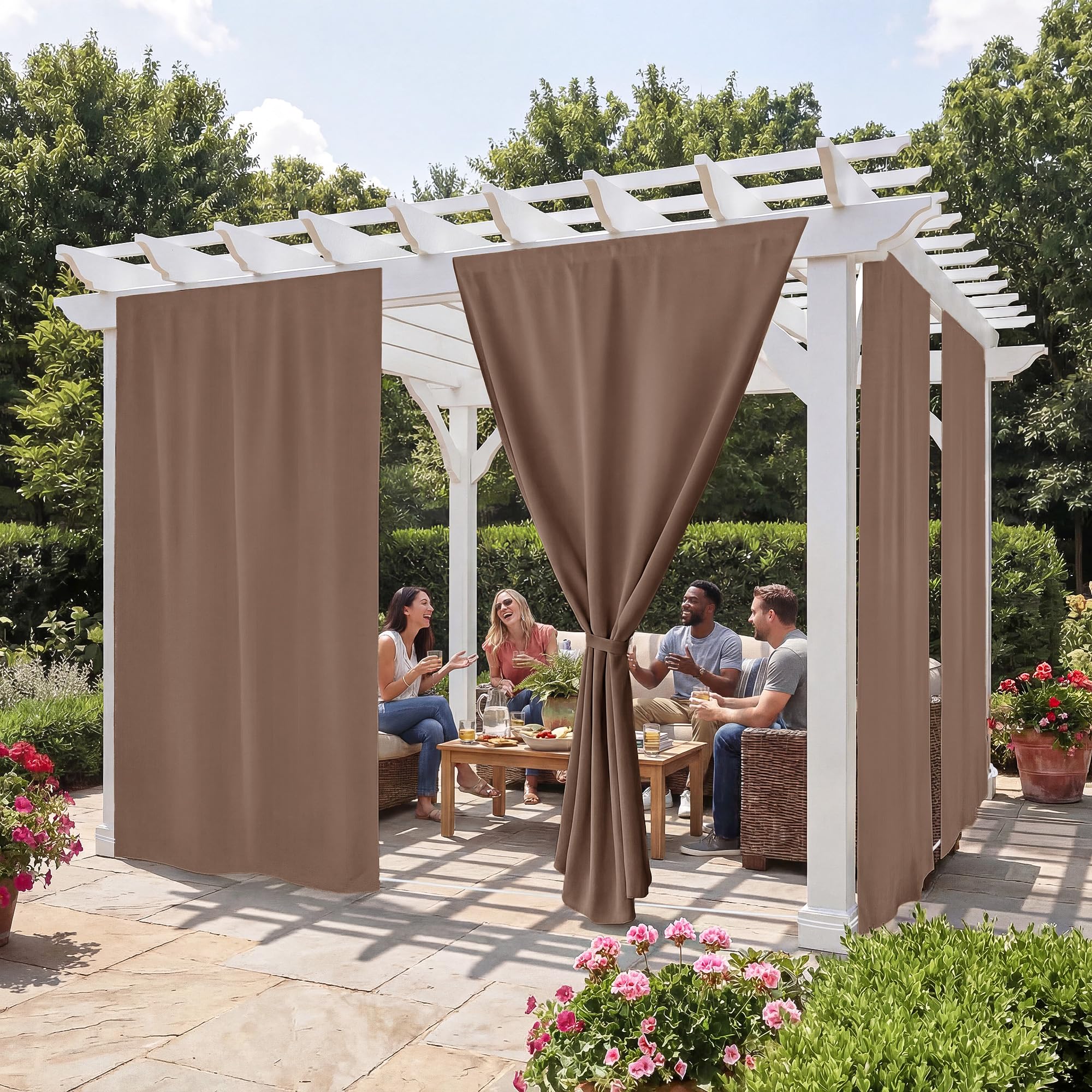 RYB HOME No-Rod Windproof Outdoor Curtains for Patio Waterproof with Adhesive Tape & Back Tab Bottom, Sun Blocking Privacy Curtains with Rope for