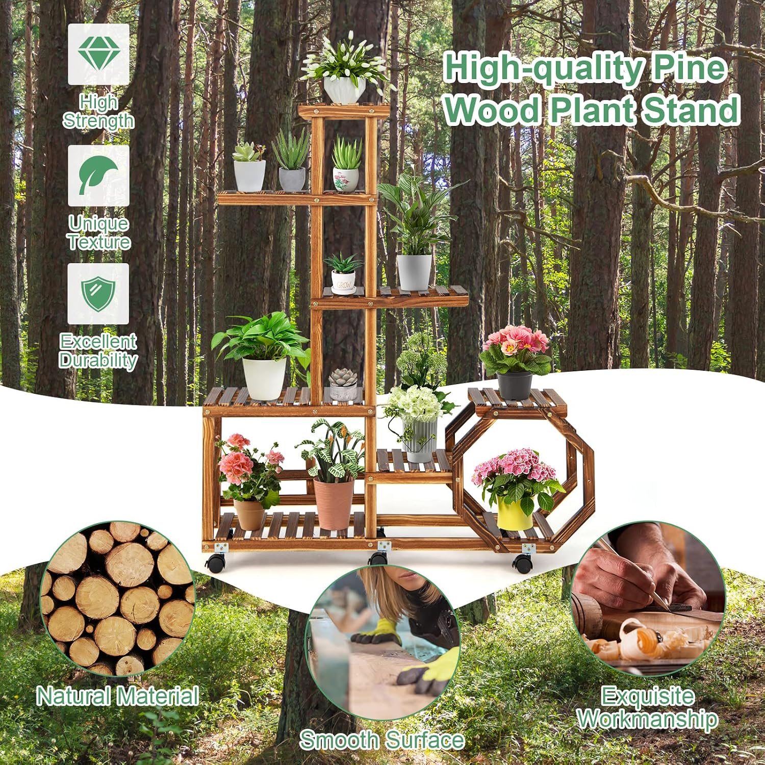 S AFSTAR 6 Tiers 12 Potted Rolling Plant Stand, Wooden Flower Display Rack w/Lockable Wheels, Freestanding Corner Plant Shelf, Indoor Outdoor Flower Pot Holder Display Shelf for Home Patio Balcony
