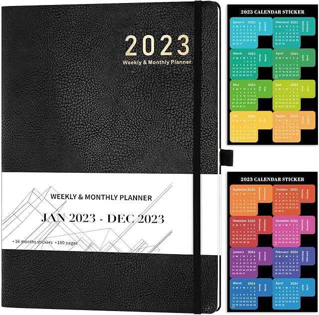 2023 Diary  Diary 2023 Week to View A4 from Jan.2023 to Dec.2023 with Stickers, Leather Cover, Thick Paper, Inner Pocket, Black.