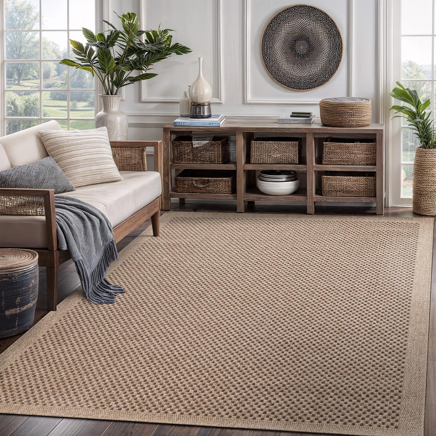 CAMILSON Easy Jute Rug 5x7, Indoor Outdoor Natural Color Fiber Area Rugs for Living Room Patio and Kitchen Rug, Sisal Boho Woven Design, Easy-Cleaning