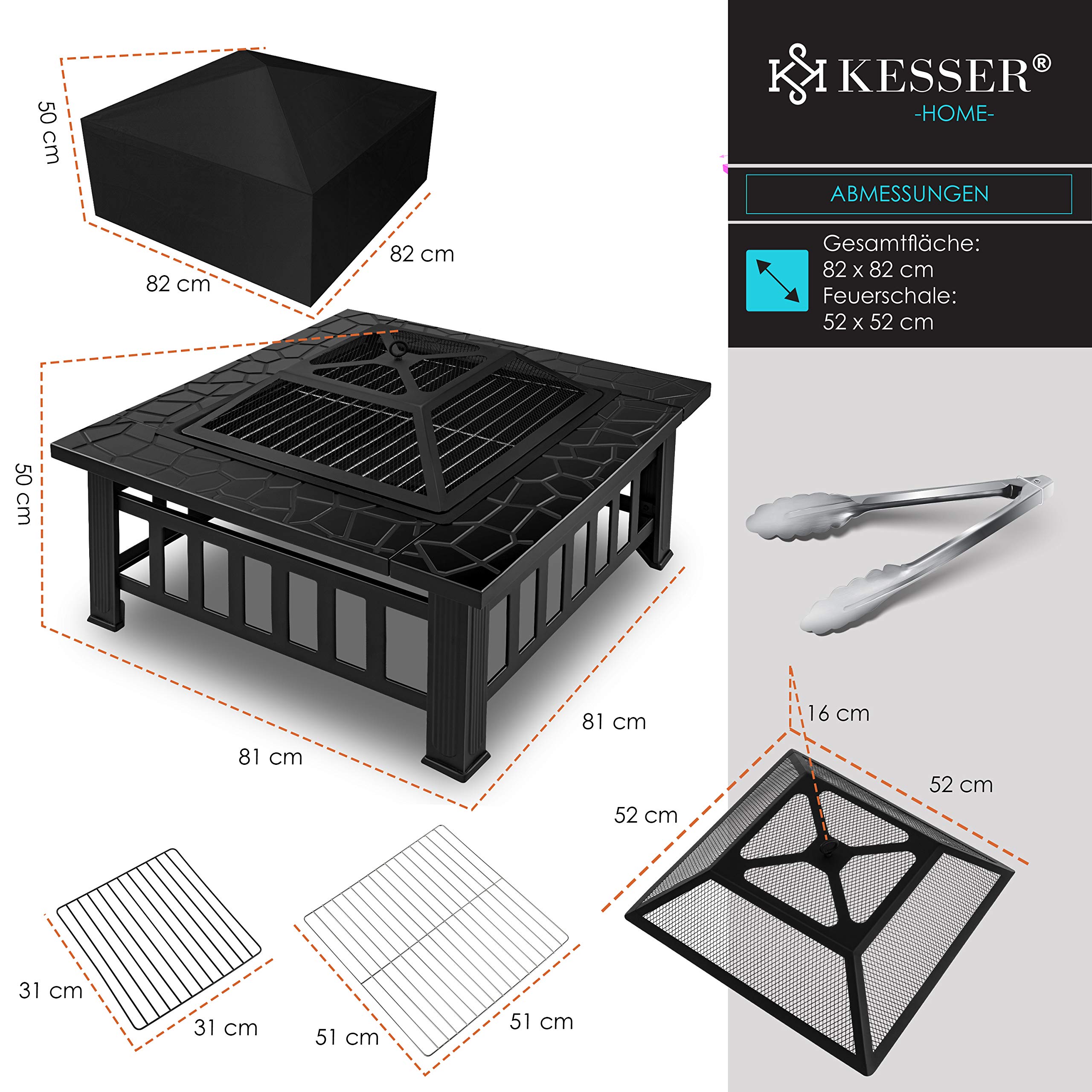 KESSER Feuerstelle mit Grillrost & Grillzange Feuerschale 82x82x50cm 3in1 Multifunktional Fire Pit für Heizung BBQ Grill Garten Terrasse