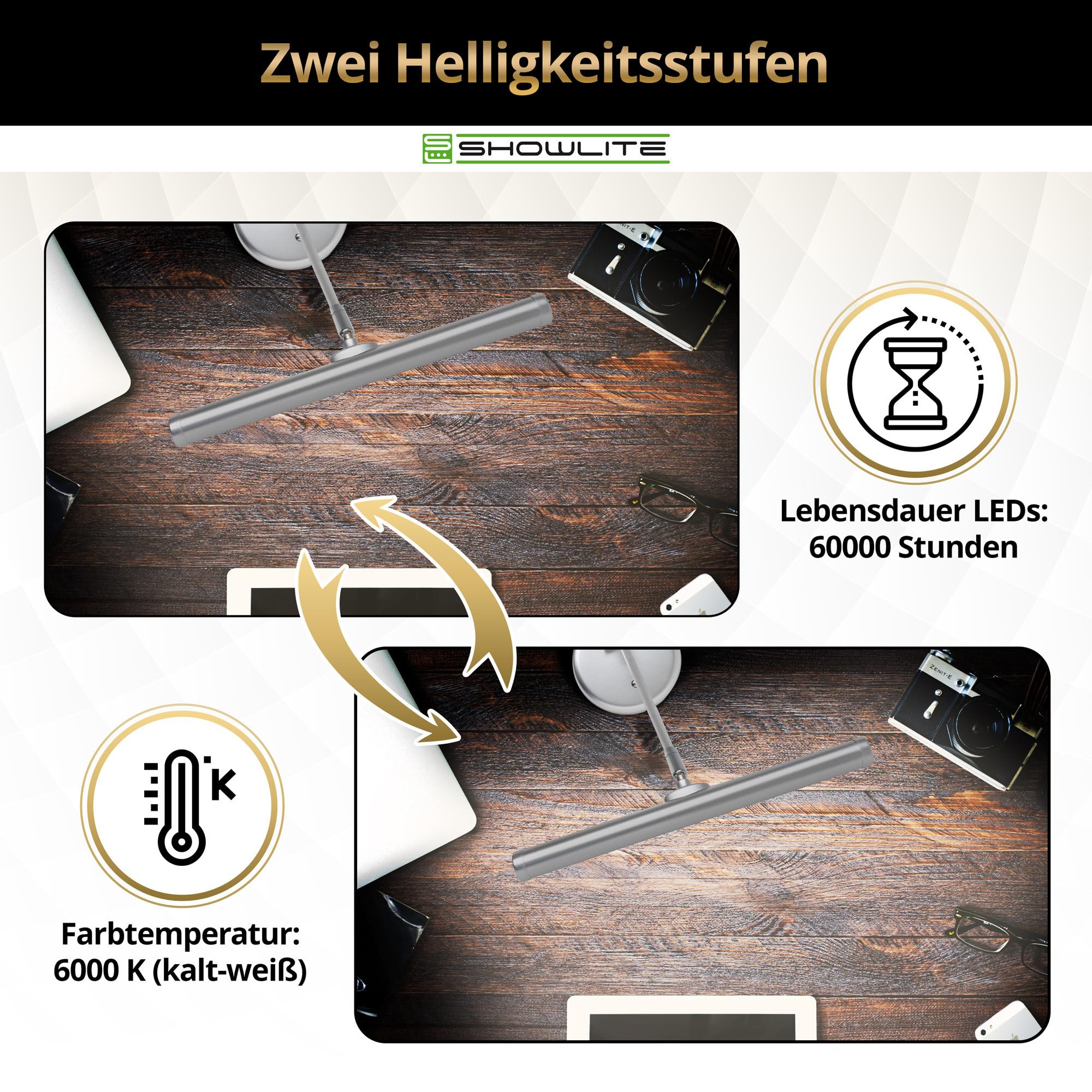 Showlite PL-1-SL-KW LED Klavierleuchte - Klavierlampe mit 15 LEDs - kaltweißes Licht in 2 Stufen - 36 cm Höhe - Betrieb per USB, Netzstrom oder Batterie - silber matt