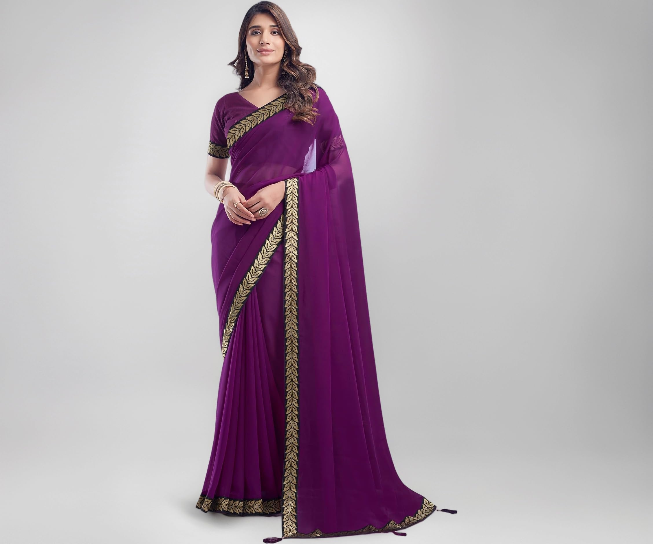 SIRIL Women's Georgette Lace Boarder Saree With Unstitched Blouse Piece