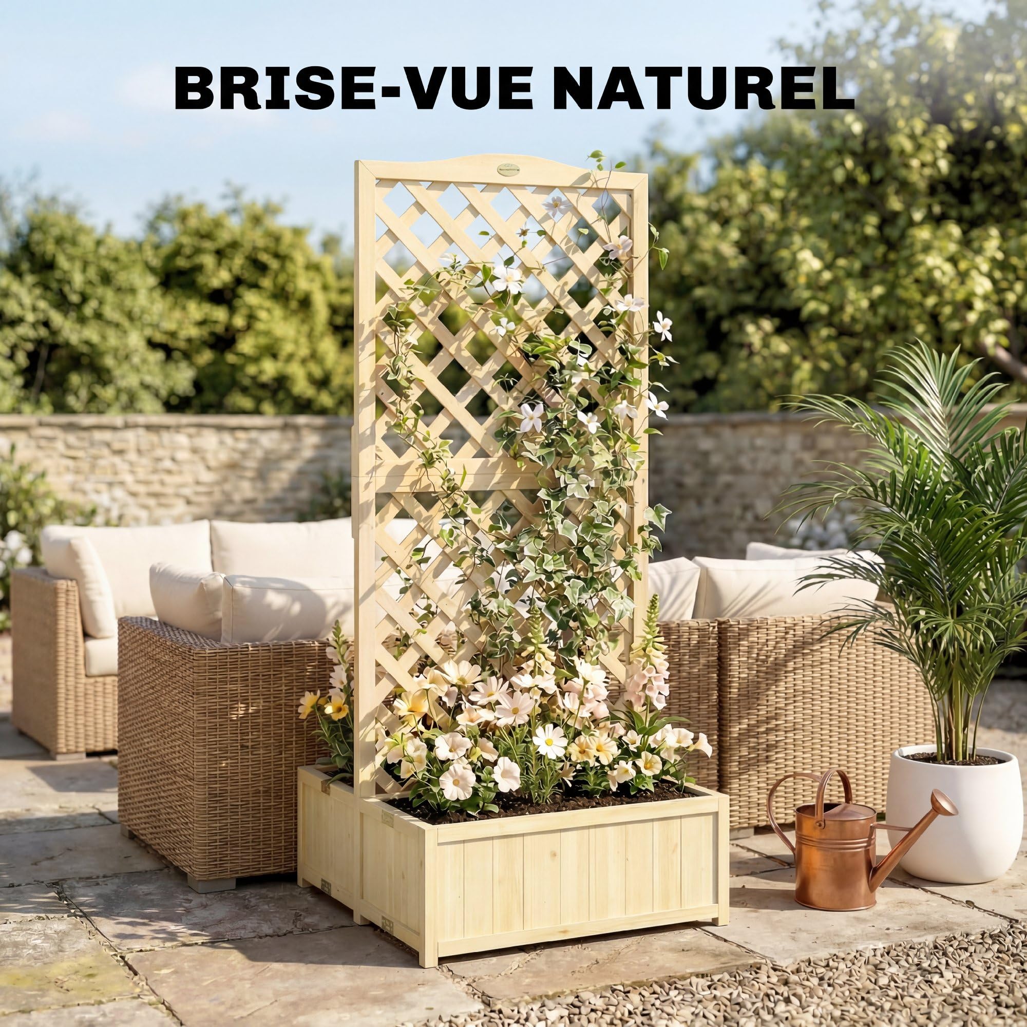 Outsunny Jardinière avec Treillis en Bois Massif - Carré Potager Pliable avec Double Bac à Fleurs - Lit de Jardin 170cm de Haut pour Plantes Grimpantes sur Balcon, Terrasse Brise-Vue, Naturel