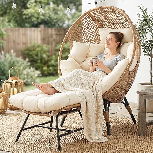 Miniatura 4 de NICESOUL Silla con forma de huevo de mimbre con otomano, silla de salón con cesta de huevo para interior y exterior con cojín, asiento de huevo
