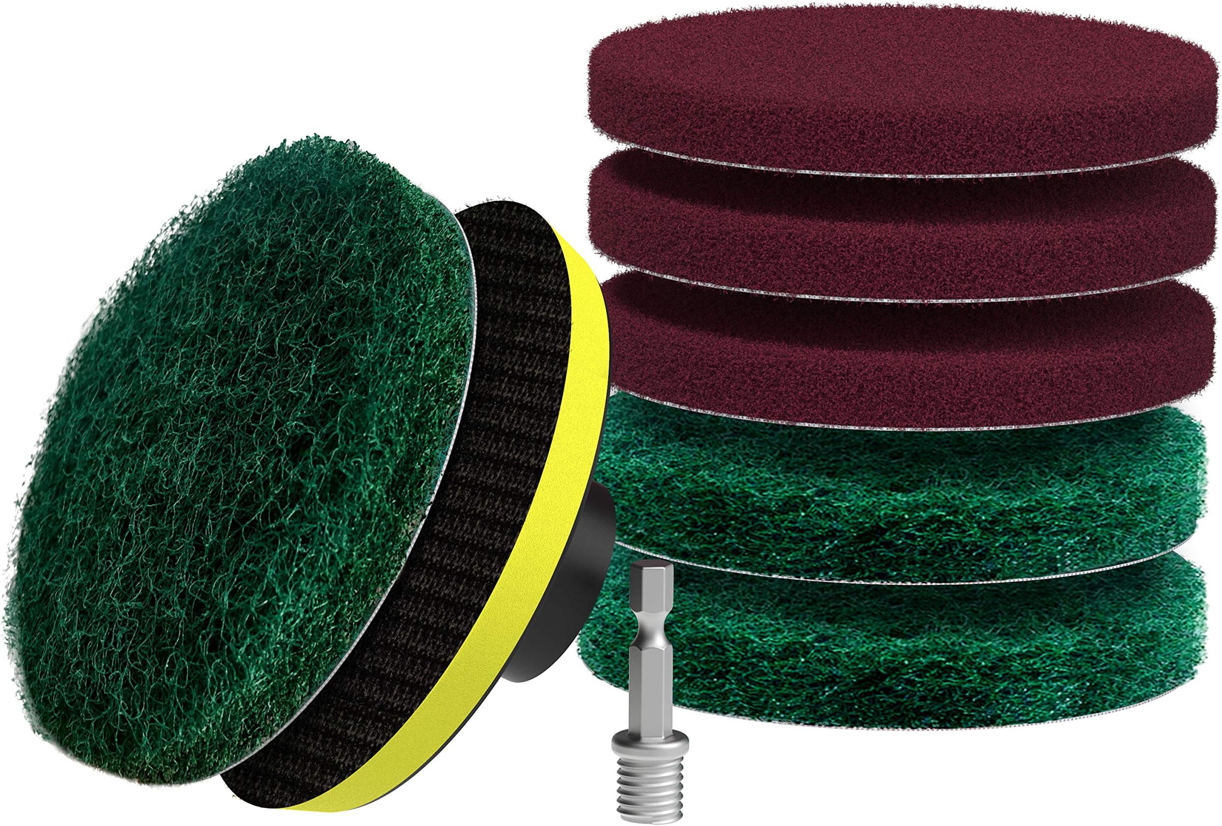 SCRUBIT Drill Brush Power Scouring Pads - Heavy Duty Tub and Tile Cleaner - Drill Scrubber Brush kit Includes Drill Attachment, 3 Red, 3 Stiff Green Scrubber Pads