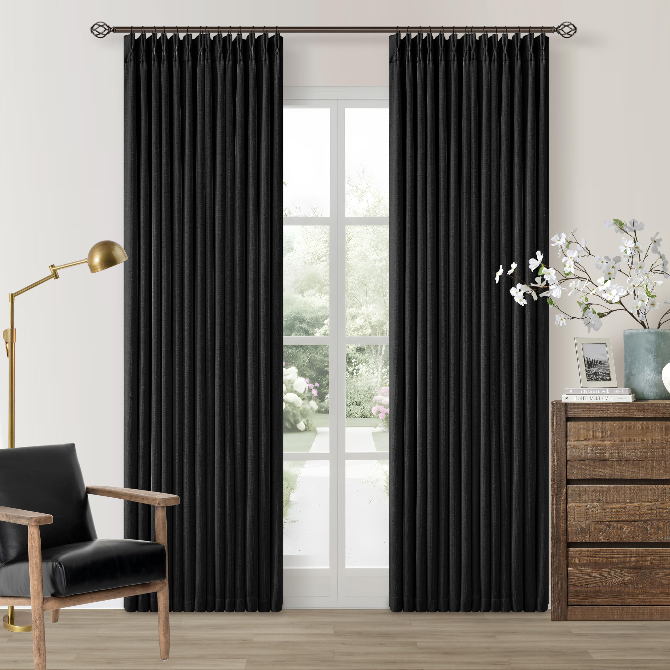 Black 86 Inch Pinch Pleated 100% Blackout Curtains with Liner 2 Panels Set — image 1