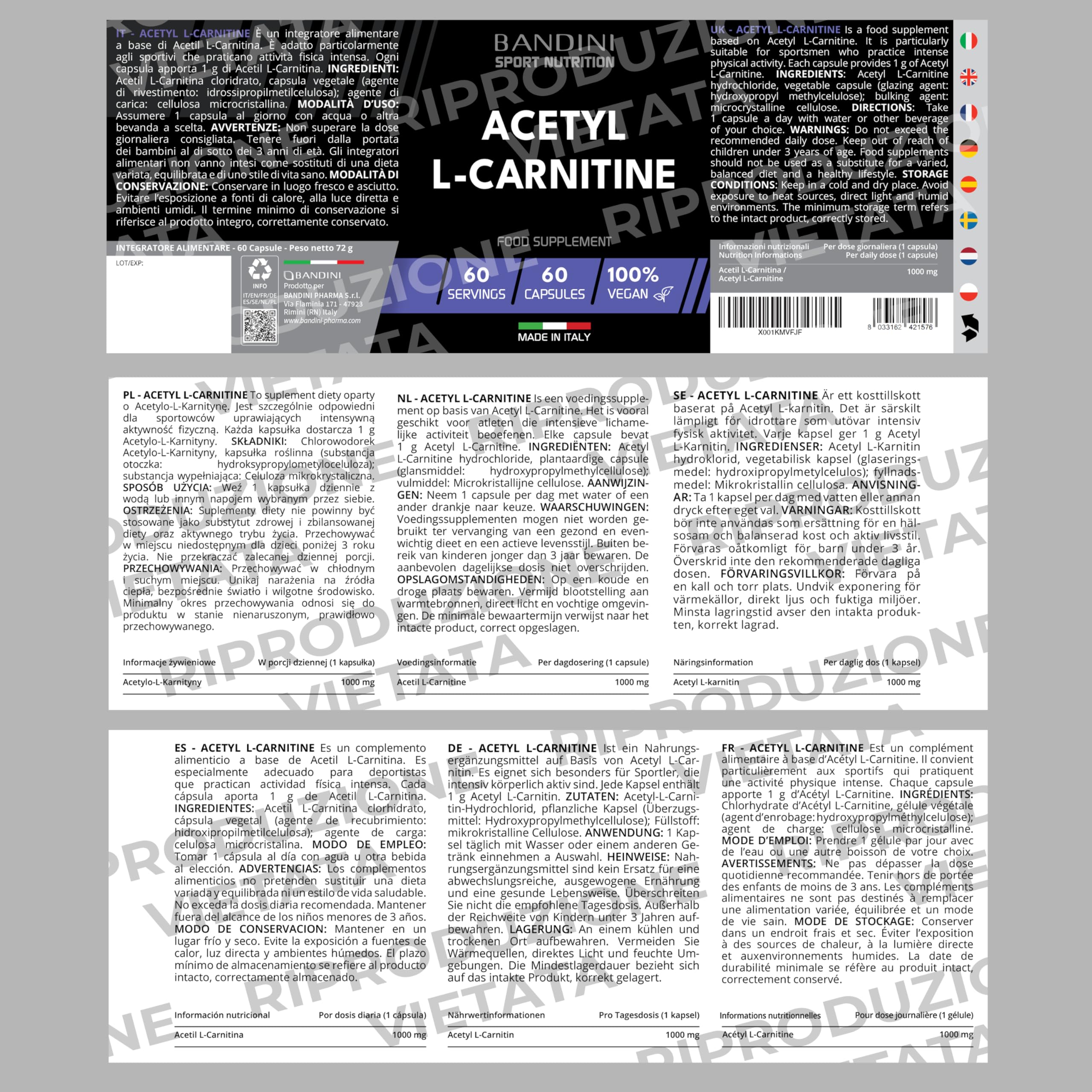 Bandini® Acetil L-CARNITINA 1000 mg (Alto Dosaggio) | Acetyl L-Carnitine per Sportivi che praticano Attività Fisica intensa | Per Palestra, Sport e Allenamento | L Carnitina Vegan, No OGM | 60 Capsule