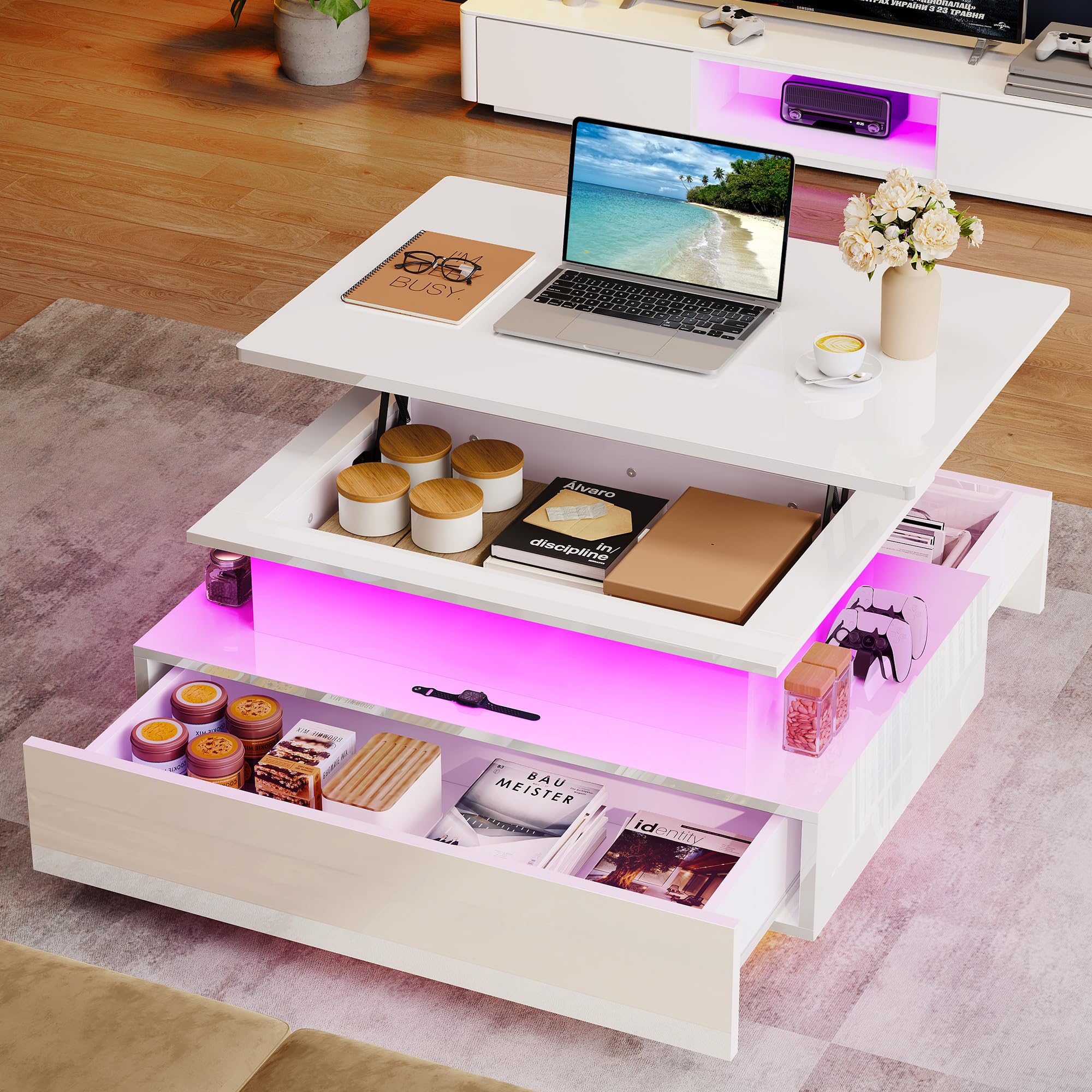 YITAHOME Mesa de Centro Elevable, Mesa de Salón Brillante Moderna con 16 LED de Colores y 2 Cajones