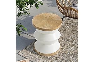 SUNBURY Outdoor Side Table, 14" White Round Marble Side Table for Patio, Deck, Poolside