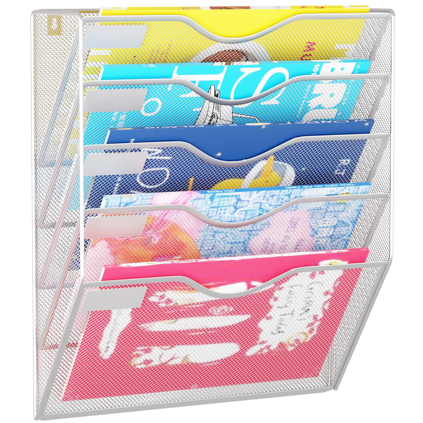 GDINDINFAN 5 Pockets Hanging Wall File Organizer Mail Holder, Wall Mounted Paper Document Folder Holder, Clipboard Storage Organization Magazine Rack, Silver