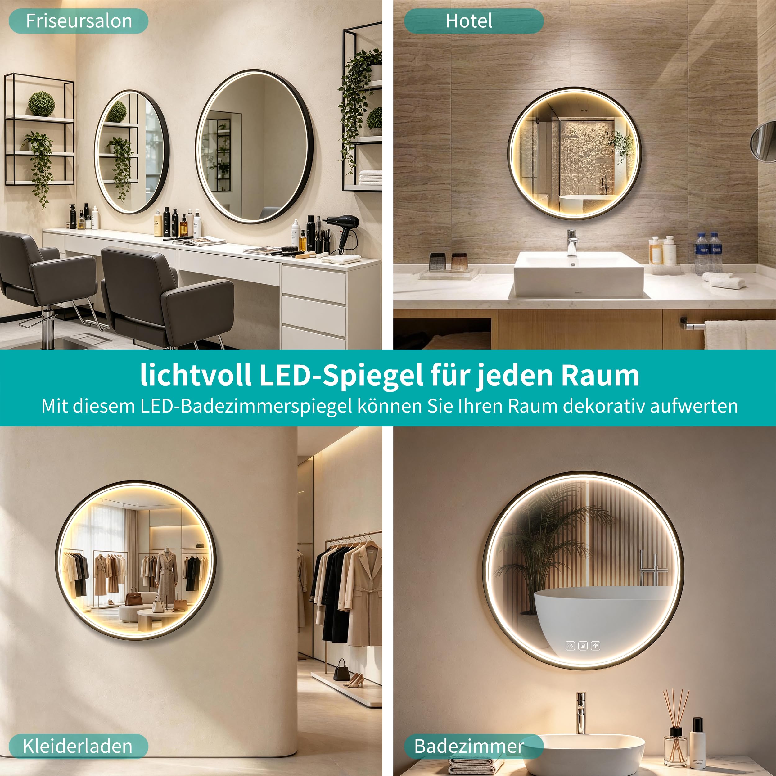 LED Badspiegel Rund 60x60 cm – mit Frontbeleuchtung, 3 Lichtfarben Dimmbar, Touch-Schalter, Anti-Beschlag & Memory-Funktion, Schwarzer Aluminiumrahmen