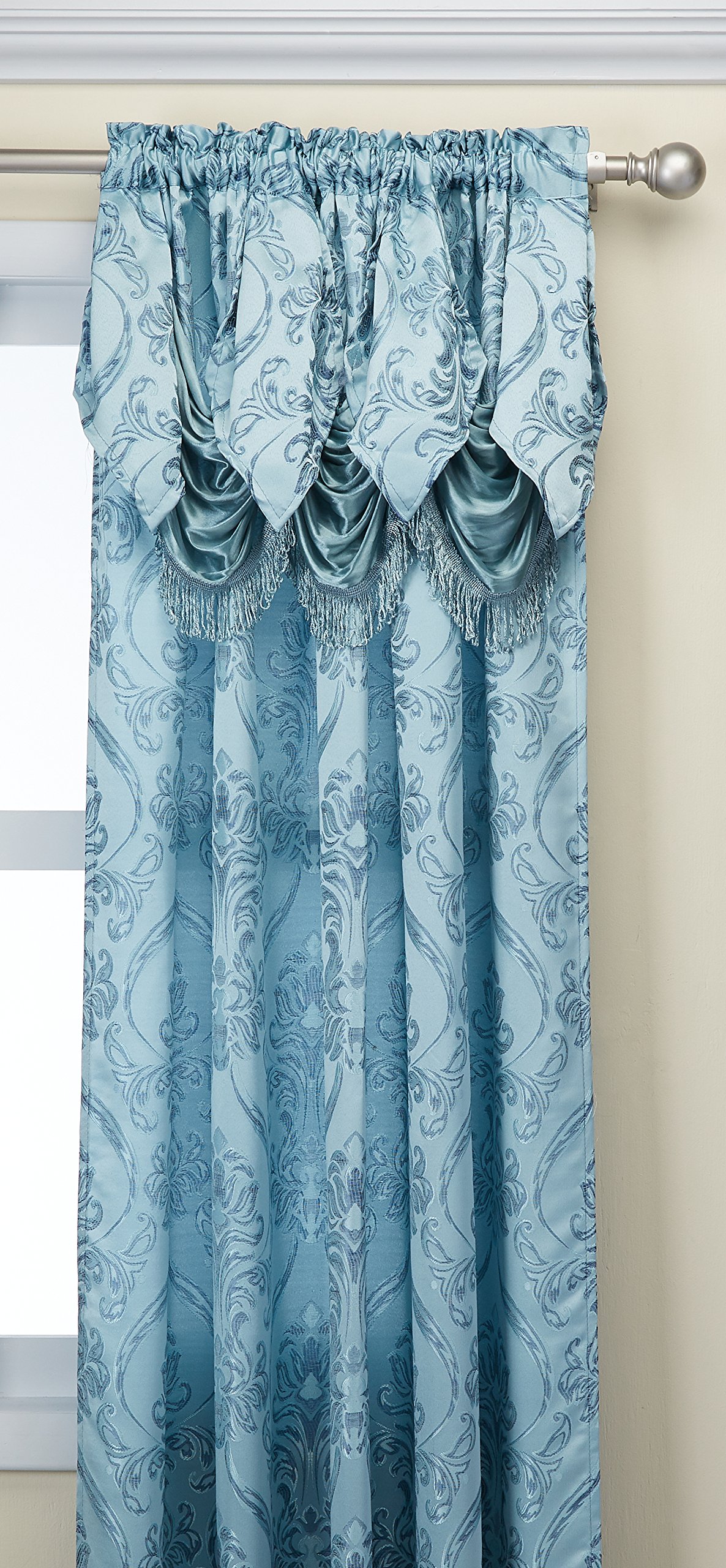 Set of 2 Penelopie Jacquard Look Curtain Panels with Attached Austrian Valance (Blue)