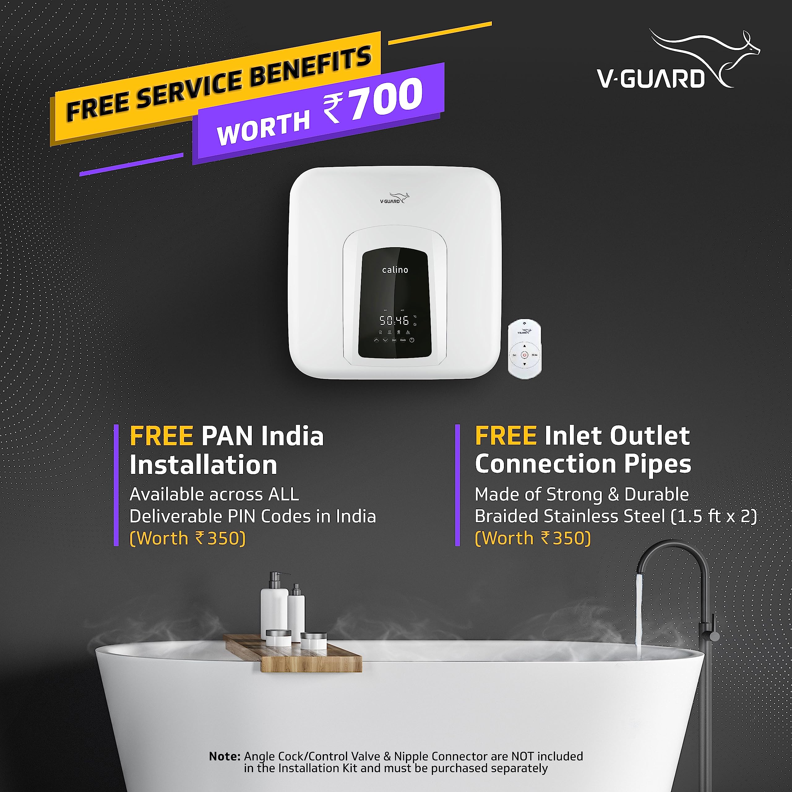 V-Guard Calino DG 25 Litre Storage 5 Star Water Heater with Remote Control  u0026 Digital Display; 100% ABS Body with IPX4 Rating; Free PAN India  Installation and Free Inlet Outlet Connection Pipes;