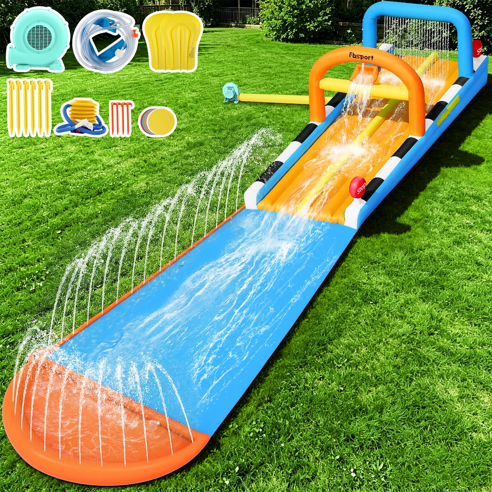 FBSPORT 10M Aufblasbare Wasserbahn | Wasser Hüpfburg Outdoor mit Doppelte Rennbahn, Rasen Wasserrutsche mit Sprinklern & 2 Bodyboards, Wasserpark Kinder Garten