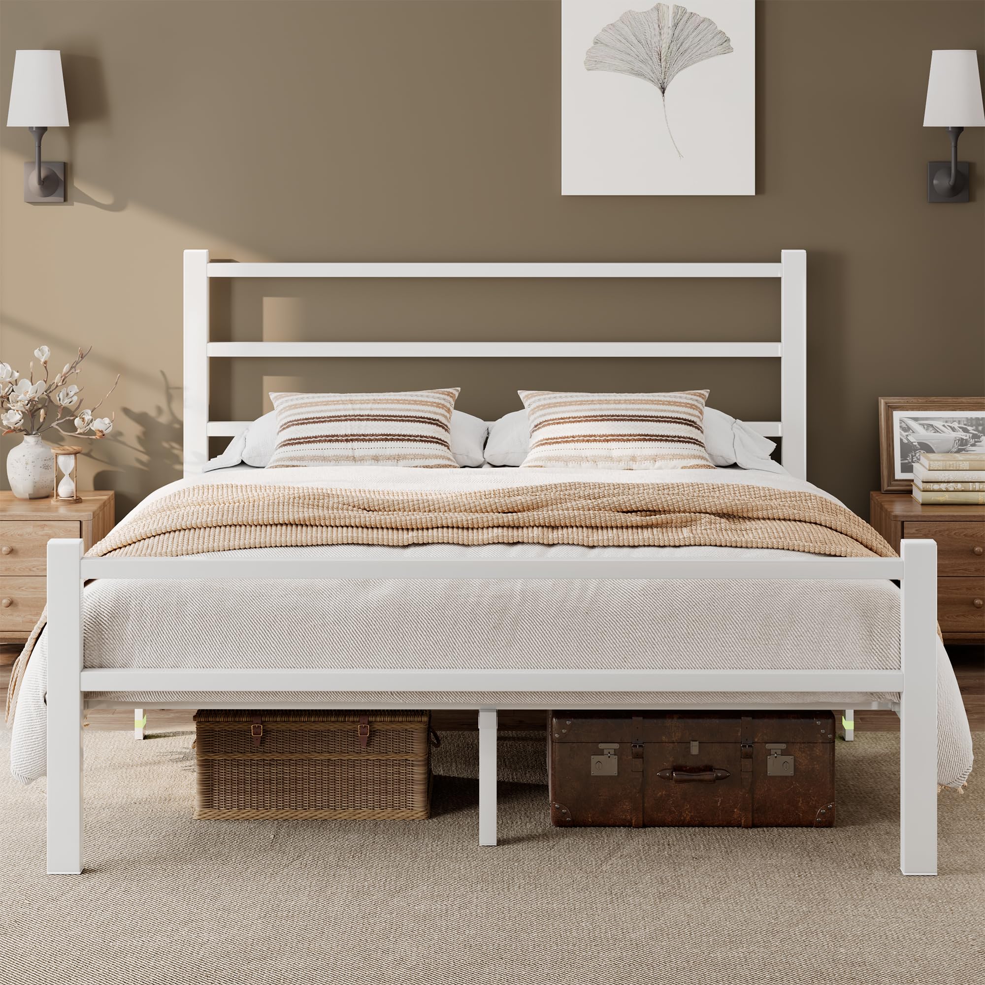 FEONASE Metal Double Bed Frame With Stylish Headboard And Footboard,Bed Frame Double Bed,Easy Assembly, Ample Under-bed Storage Space,White
