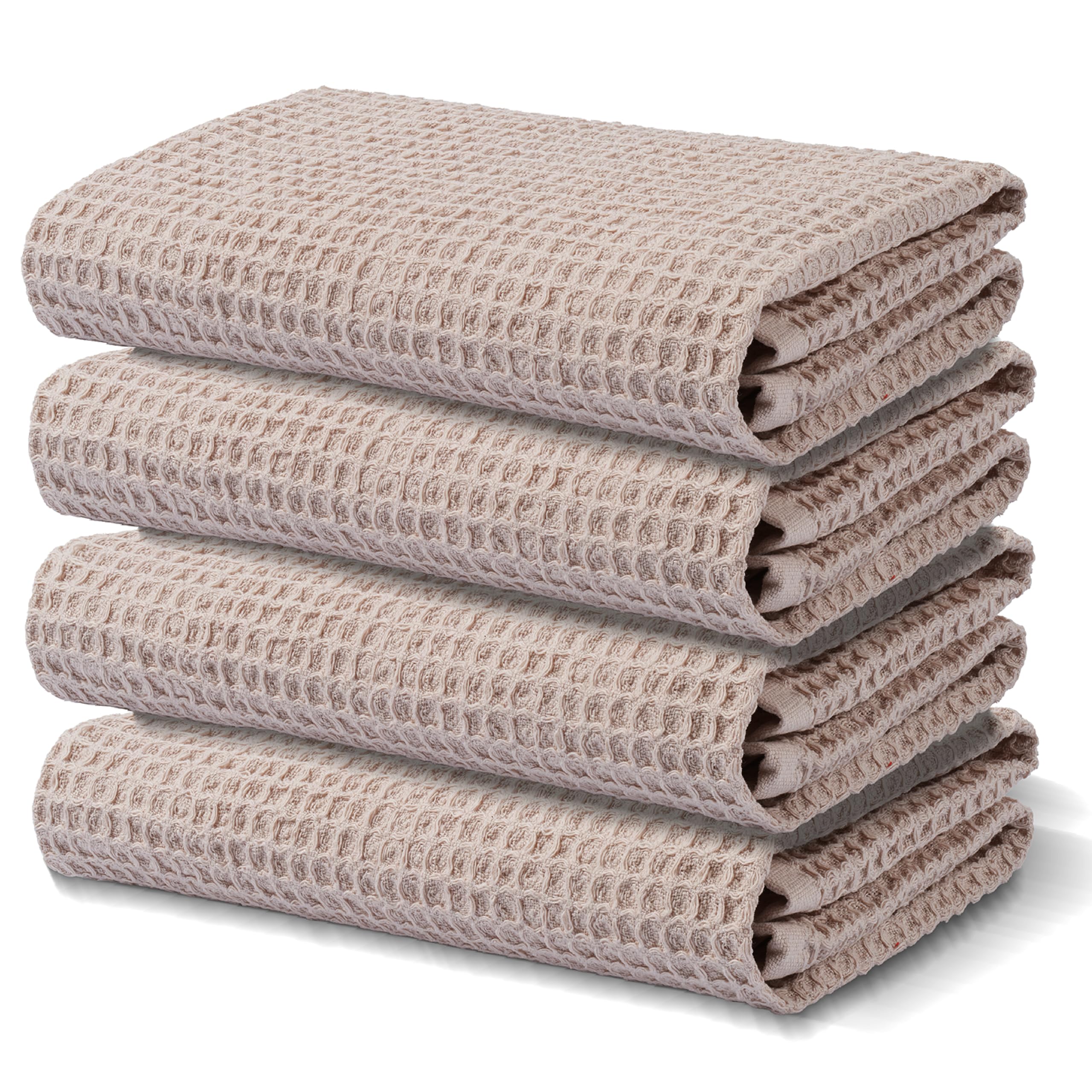 Kitchen Towels, 100% Turkish Cotton Dish Towels, Waffle Pattern Hand Towels, 24"x18" Premium Dishcloths, Ultra Soft & Absorbent Washcloths, 4 Packs Reuseable Lint Free (Beige)OEKO-TEX STANDARD 100