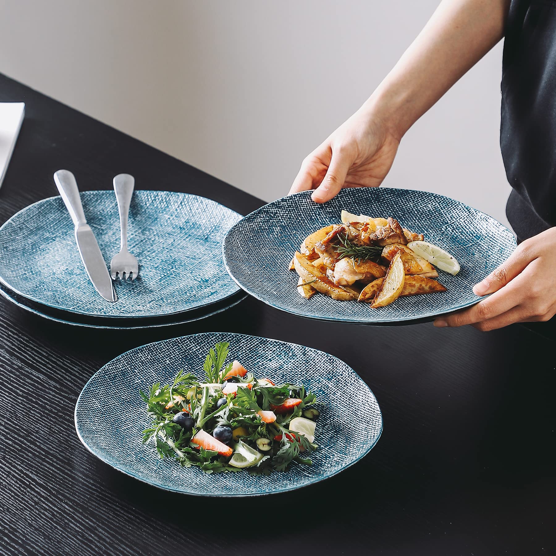 Redelaenor Blue Ceramic 10 Inch Dining Plate Salad Plate Dessert Plate 1 Set of 4, Microwave, Dishwasher, Oven Safety, Country Style Vintage Decorative 3D Pattern