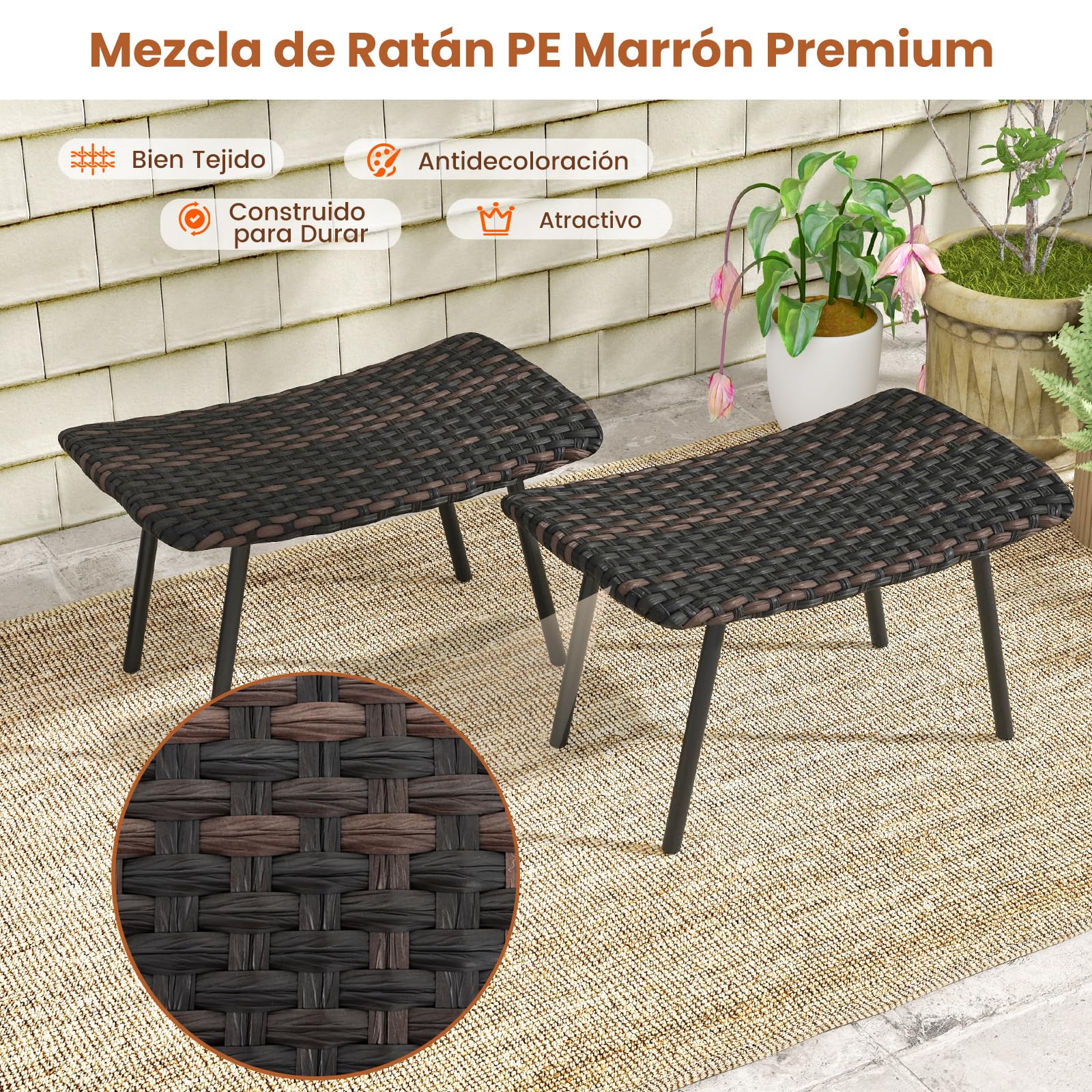 COSTWAY 2 Otomanas Ratán de Patio, Taburetes con Espuma Acolchada, Patas de Metal Resistentes, Reposapiés de Mimbre Exteriores Piscina Patio Trasero, Marrón