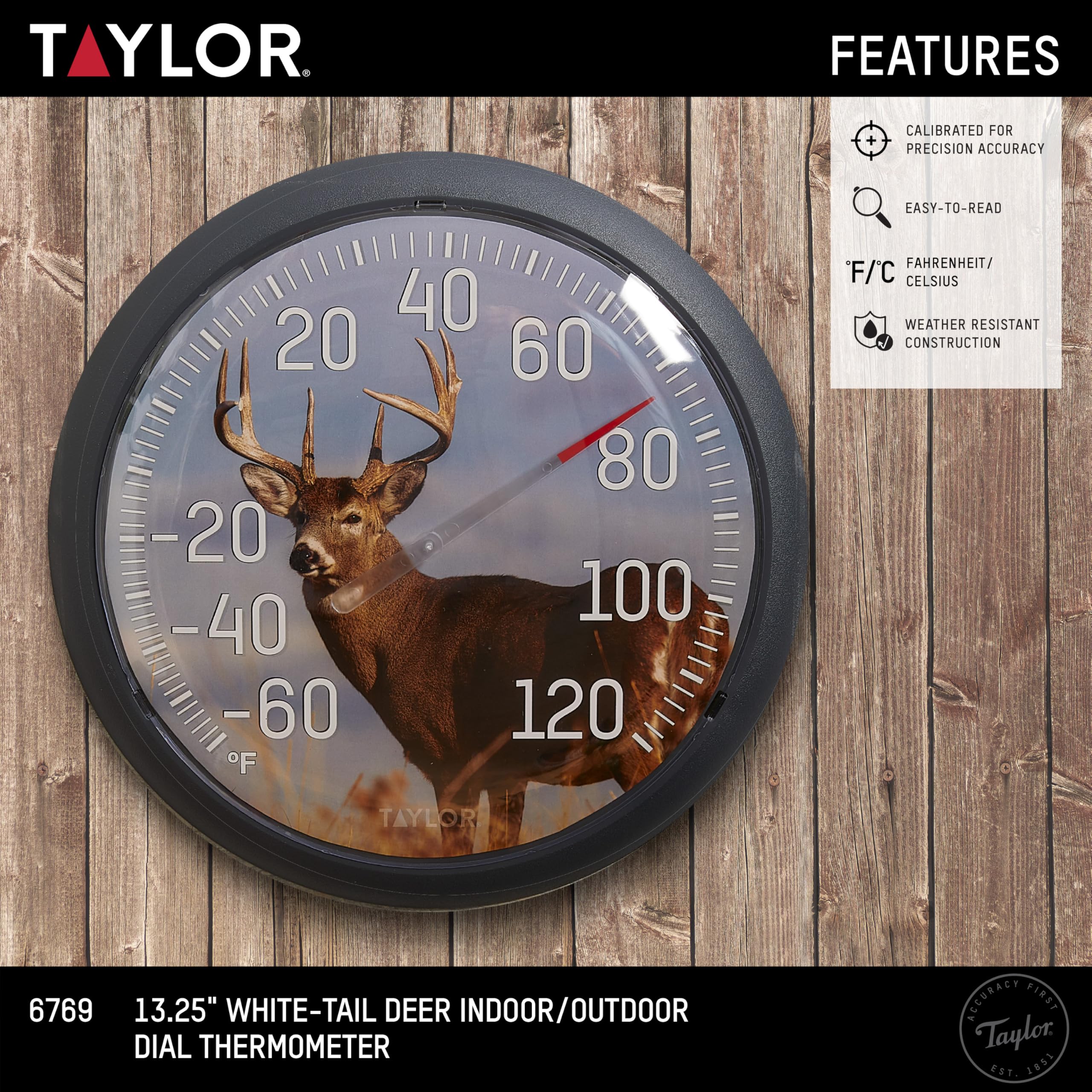 Taylor White Tail Deer - Termometro a quadrante grande per interni ed esterni, termometro wireless con numeri grandi facili da leggere per patio, piscina, giardino o garage e aree interne, 33,7 cm,