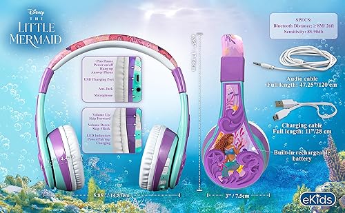 Miniatura 6 de eKids The Little Mermaid Bluetooth Headphones for Kids, Wireless Headphones with Microphone Includes Aux Cord, Volume Reduced Kids Foldable