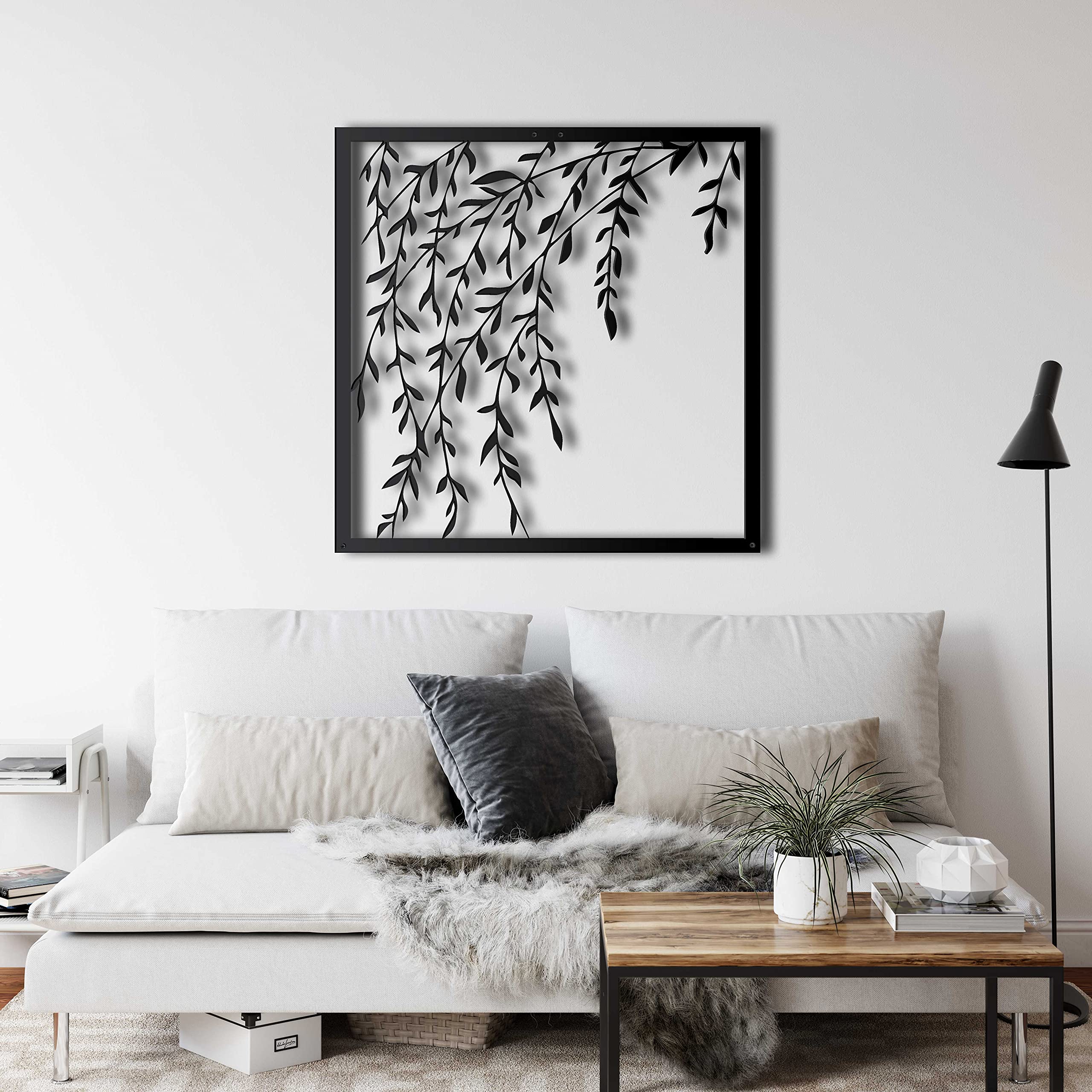 DEKADRON Décoration murale en métal, avec cadre en forme de branche feuillée, décoration d'intérieur et d'extérieur (90 x 90 cm)