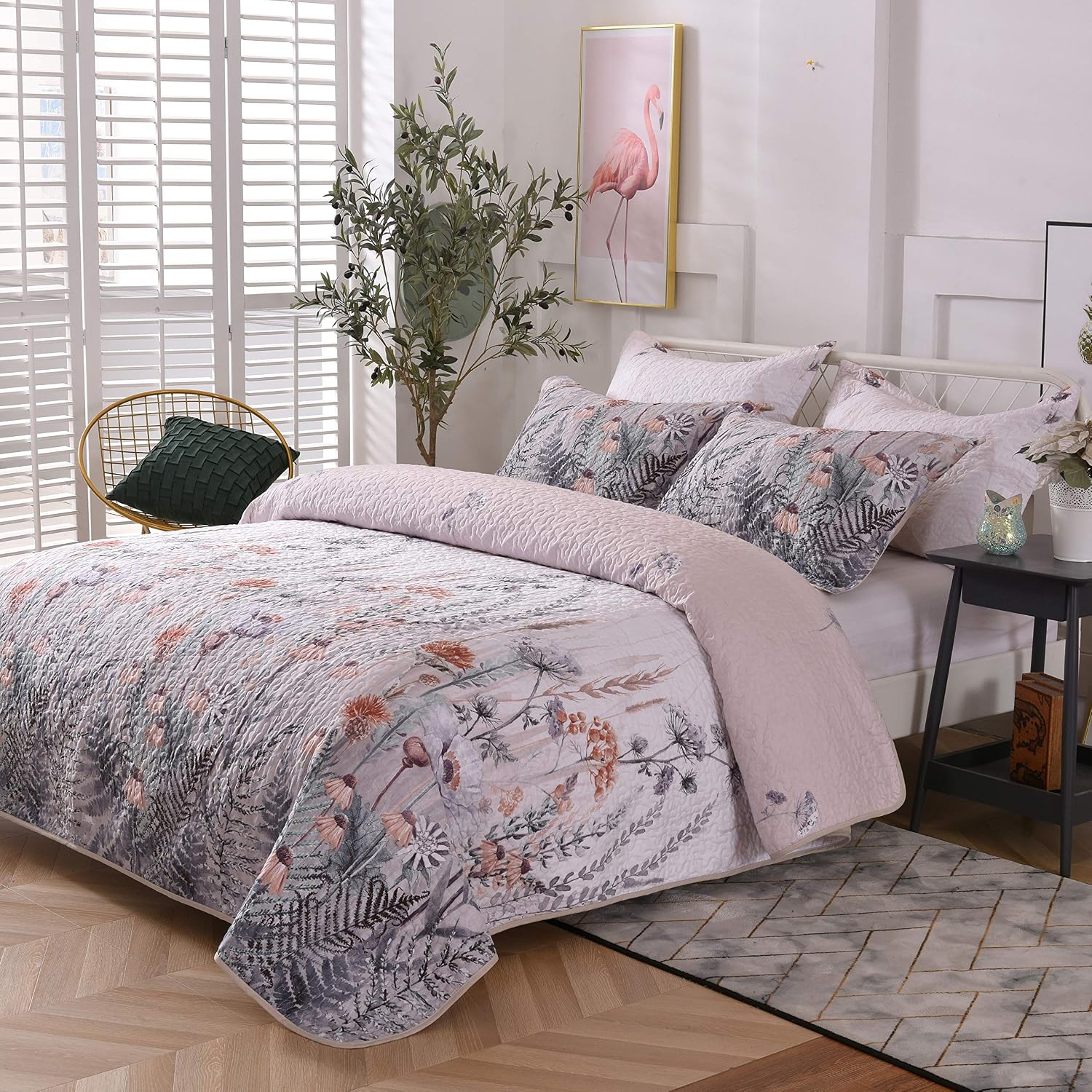 Caurbed 3 Pieces Quilt Set Queen Size (90"x96"), Coverlet Floral Bedspread Coverlet Reversible& Decorative Retro Floral Design
