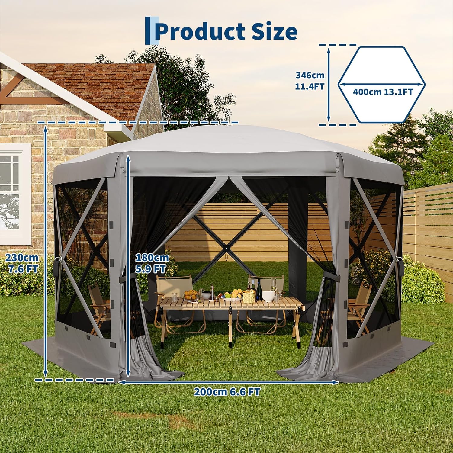 Garvee 13FT Pop Up Gazebo 6-Sided, Outdoor Canopy Tent with Mosquito Netting & Removable Wind Cloths for Camping, Backyard Parties, Outdoor Events, Grey